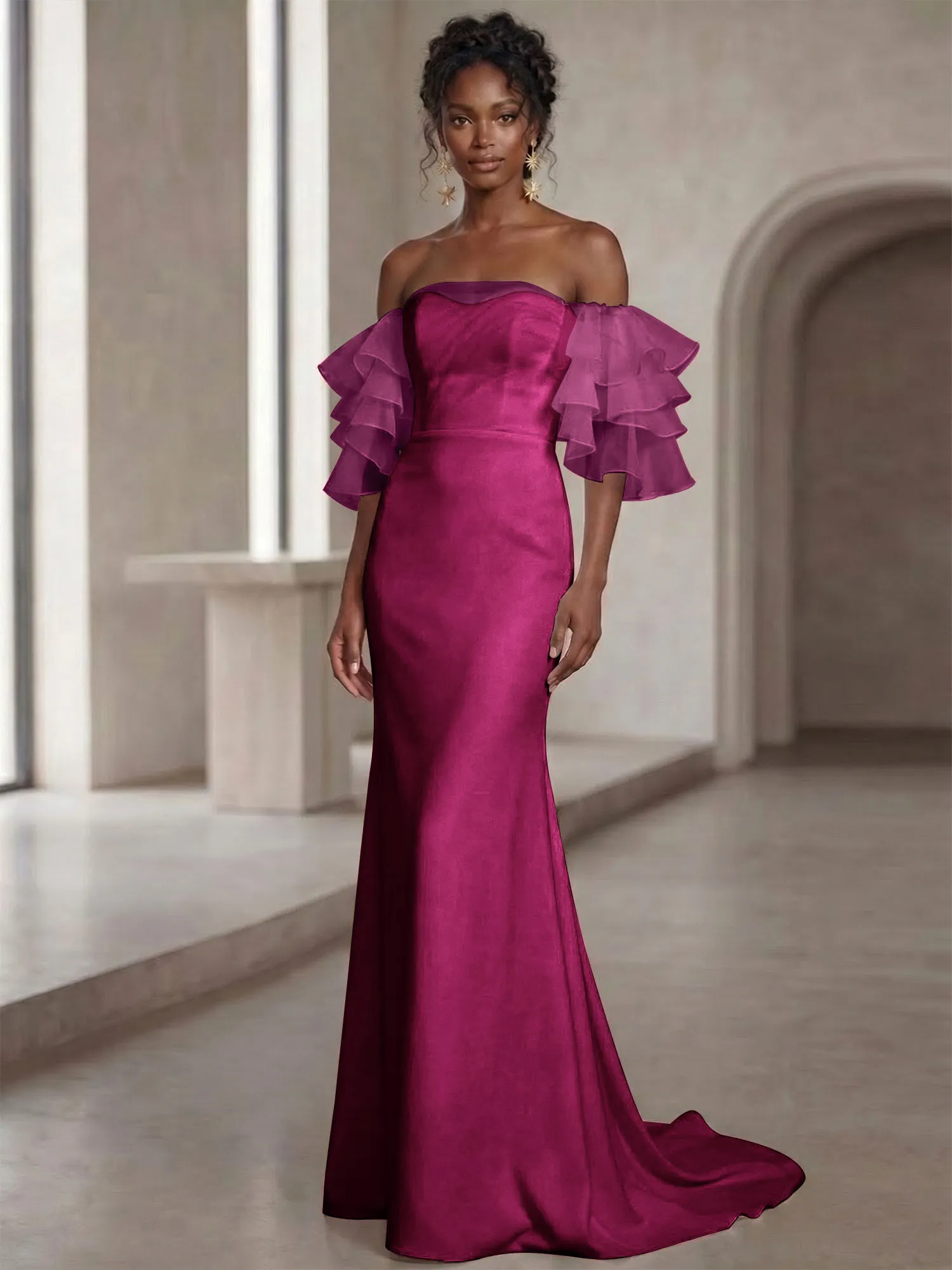Off-the-Shoulder Tiered Organza Sleeve Mermaid Evening Gown