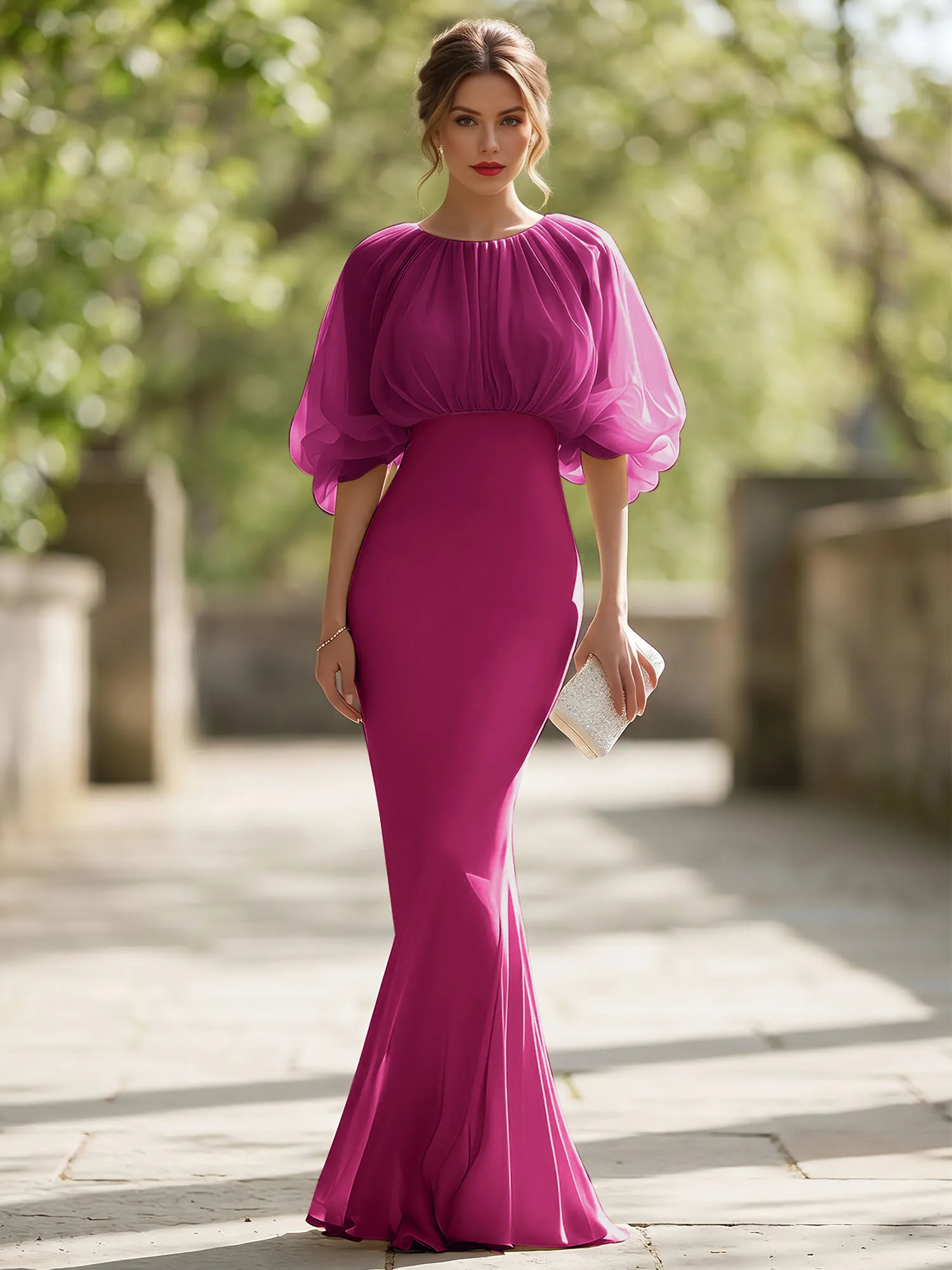 Bateau Neck Organza Bubble Sleeve Mermaid Evening Gown