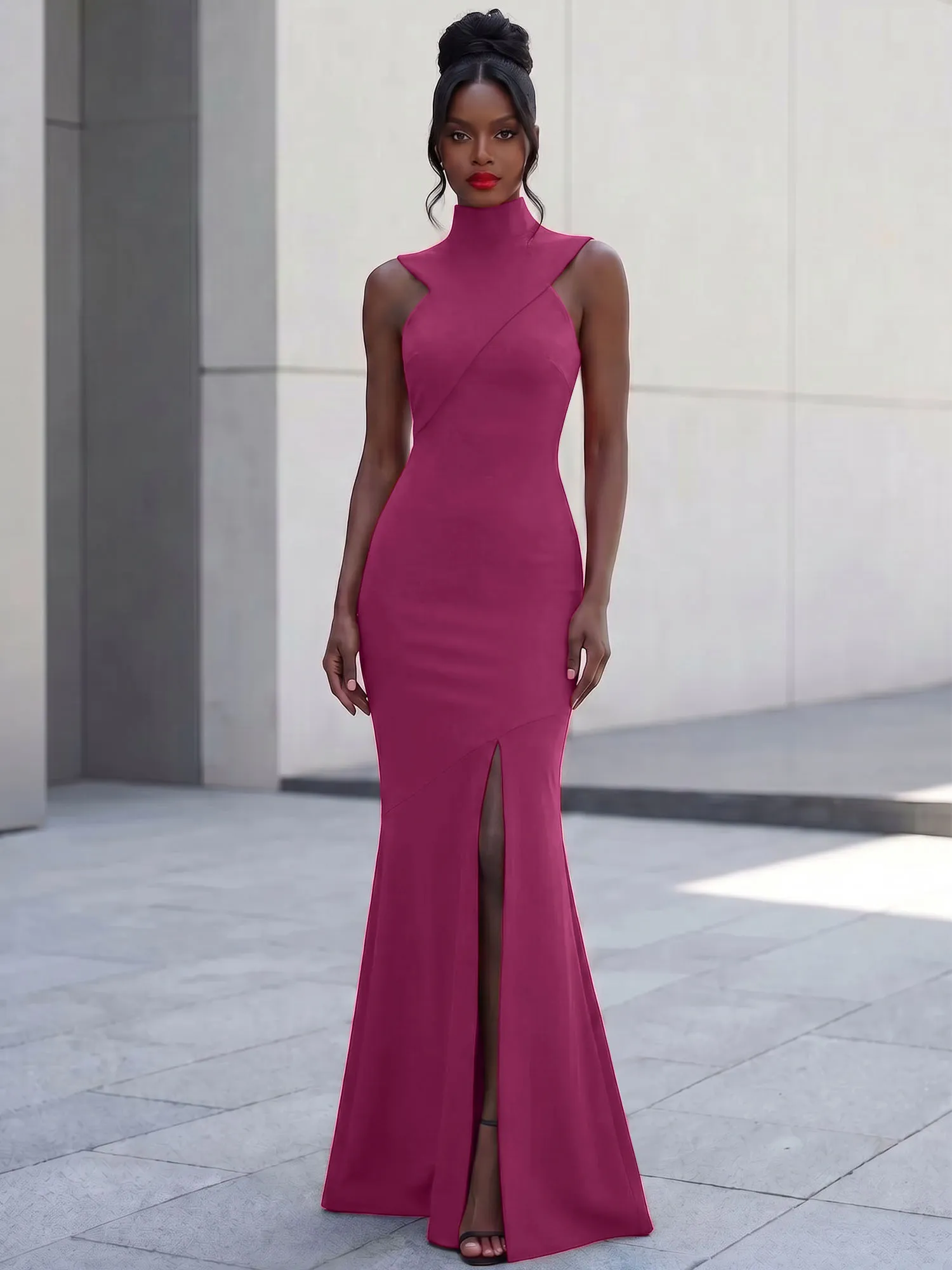 High Neck Asymmetric Cutout Mermaid Evening Gown