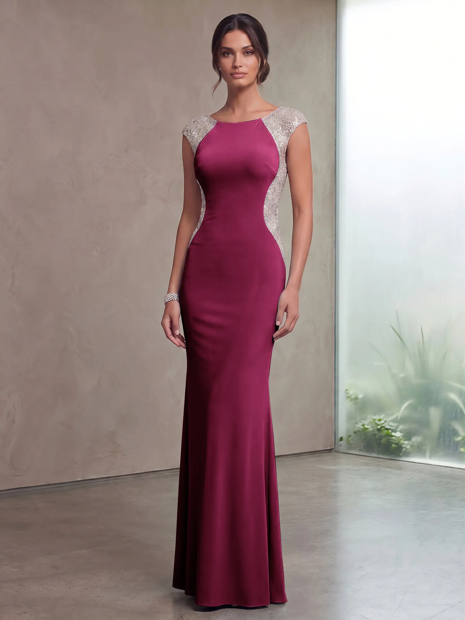 Bateau Neck Sequins Cap Sleeve Mermaid Evening Gown