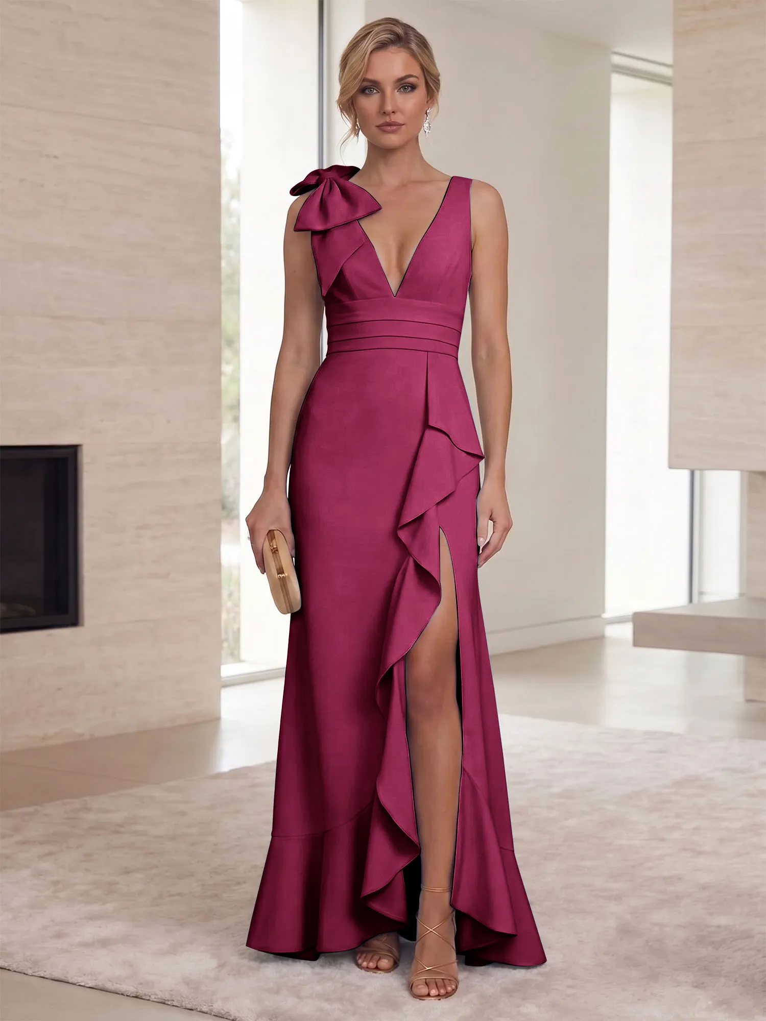 Deep V-Neck Bow-Shoulder Ruffle Slit Mermaid Evening Gown