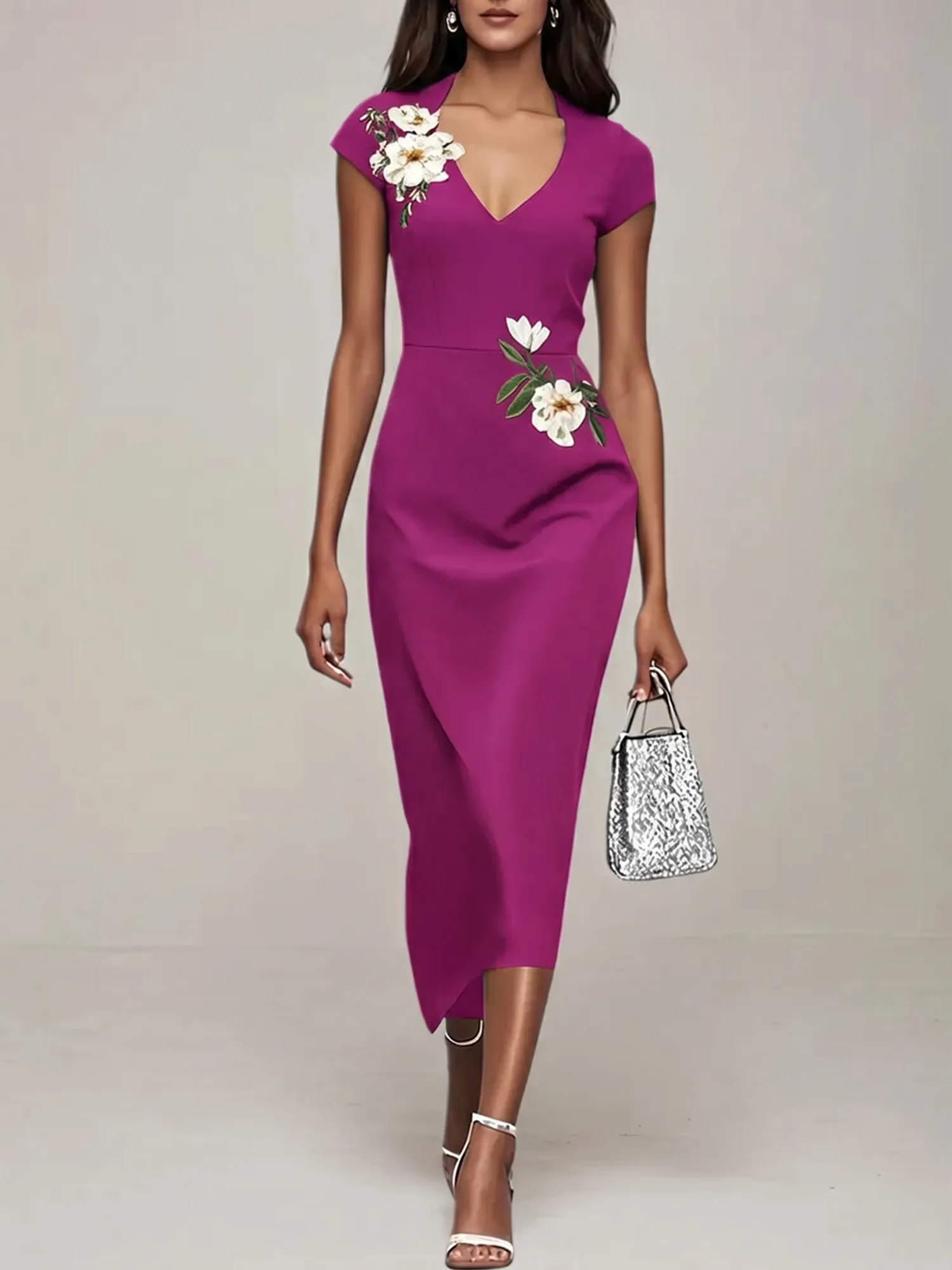 V-Neck Cap Sleeve Floral Embroidered Sheath Evening Dress