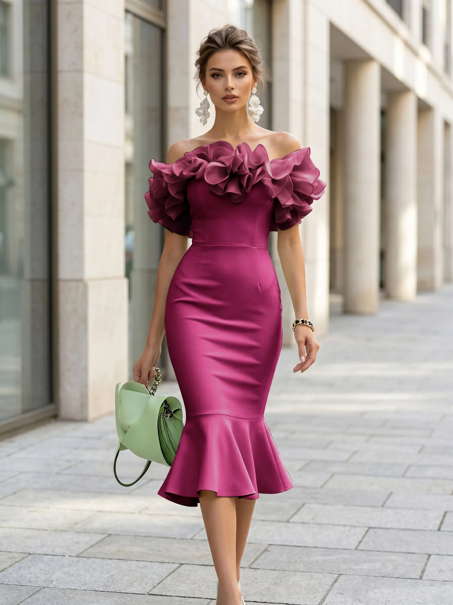 Off-the-Shoulder Ruffle Midi Midi Cocktail Dress Evening Dress