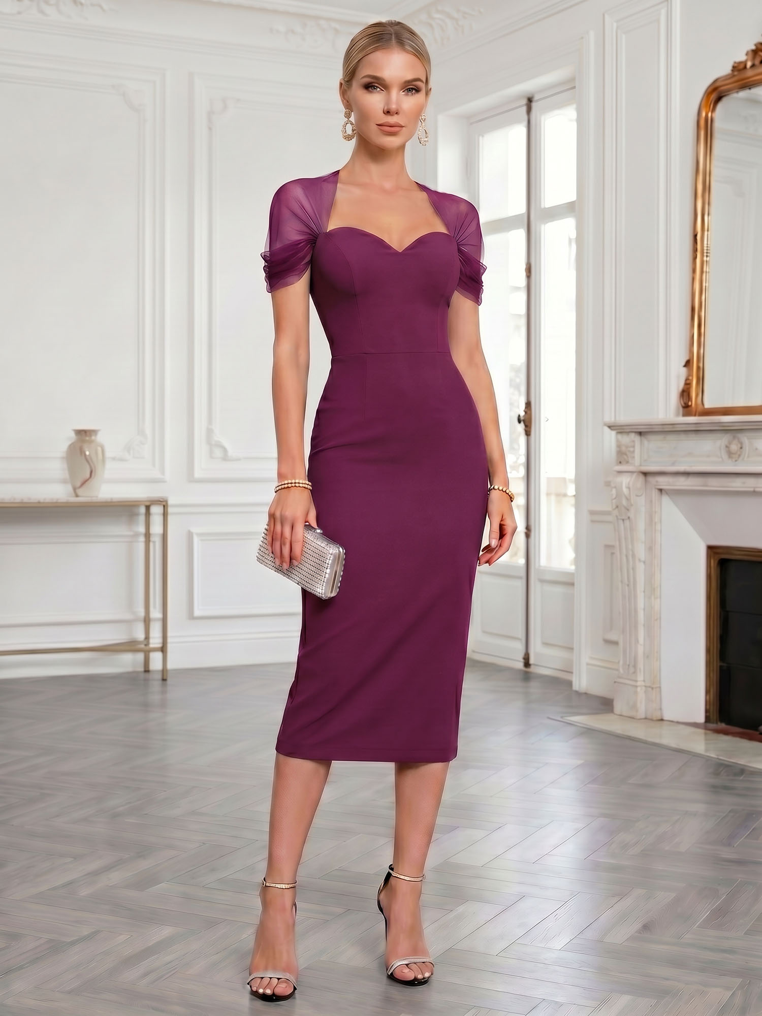 Sophisticated Black Mesh-Draped Sweetheart Midi Evening Gown