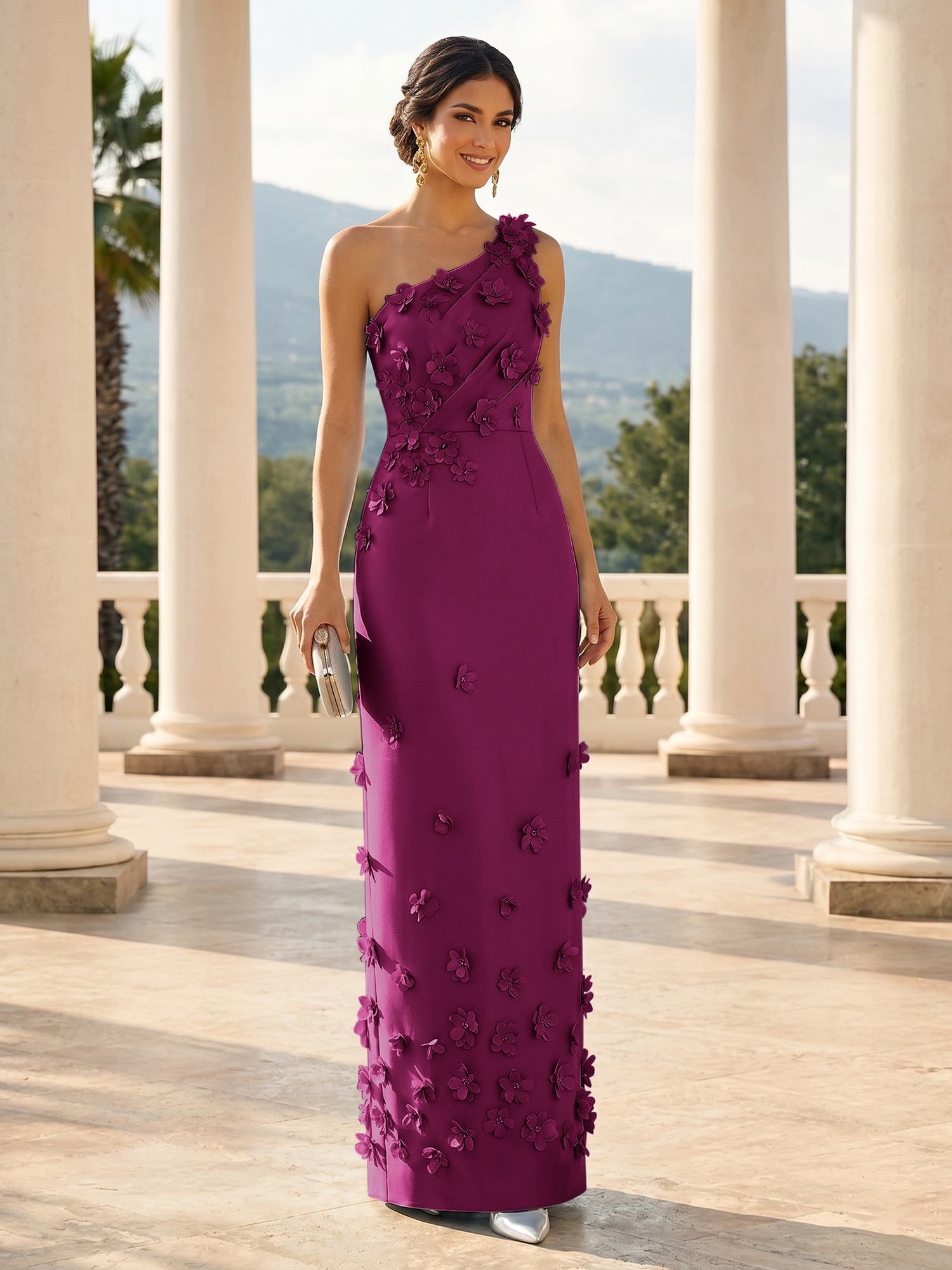 Enchanting Sky Blue One-Shoulder Evening Dress with 3D Floral Appliqués