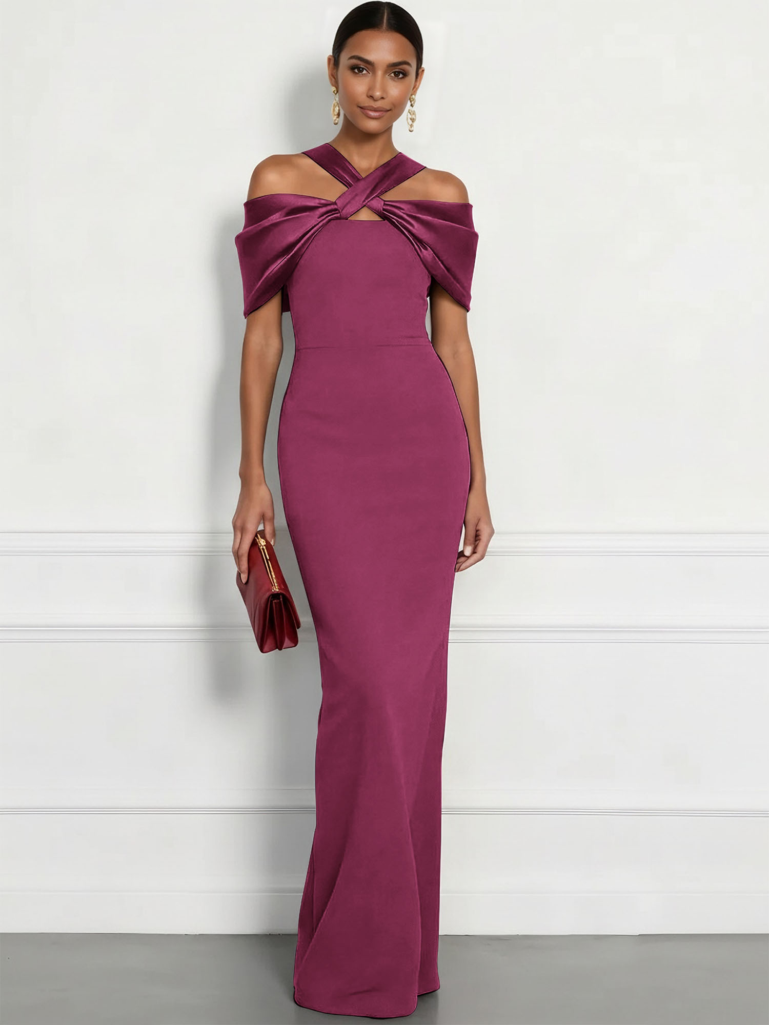  Regal Plum Crepe Column Gown with Satin Criss-Cross Halter Maxi Dress