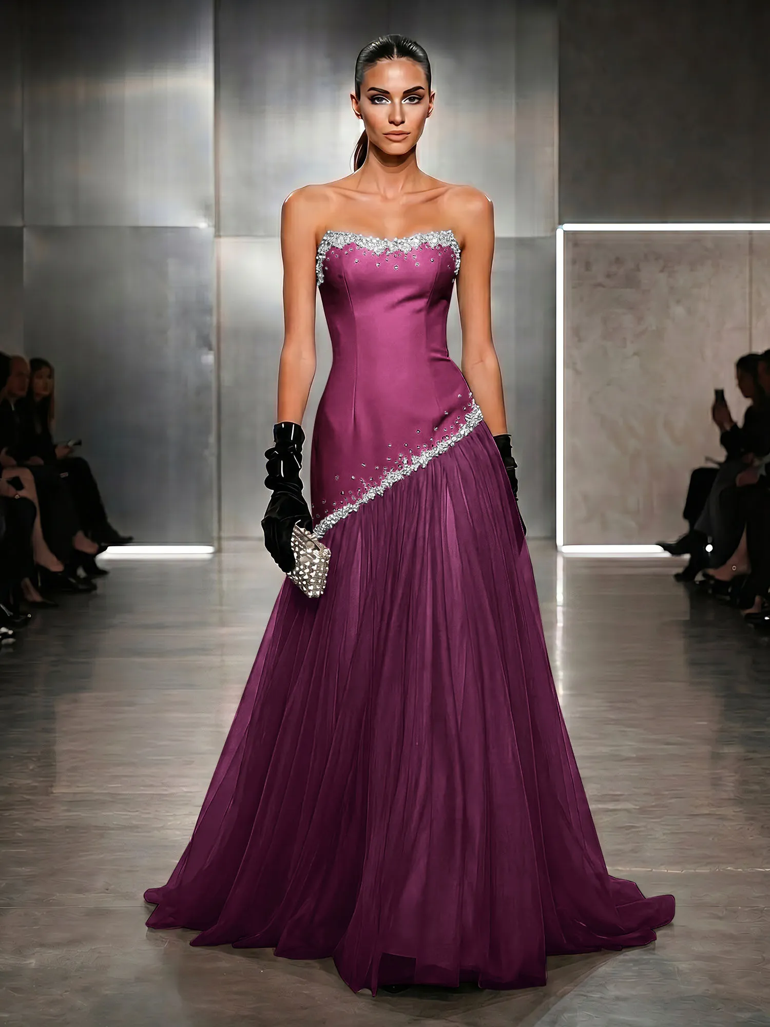 Strapless Tulle Beaded Corset Evening Gown Maxi Dress