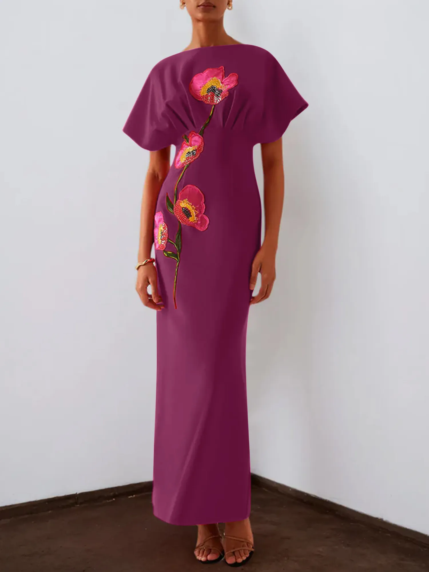 Floral Embroidered Boat Neck Batwing Sleeve Column Evening Gown