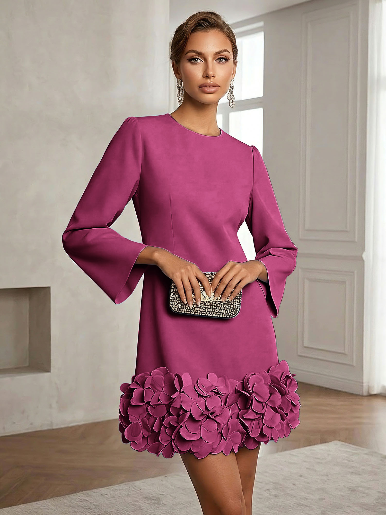 Powder Blue 3D Floral Classic Crew Neck Bell Long Sleeve Shift Mini Dress
