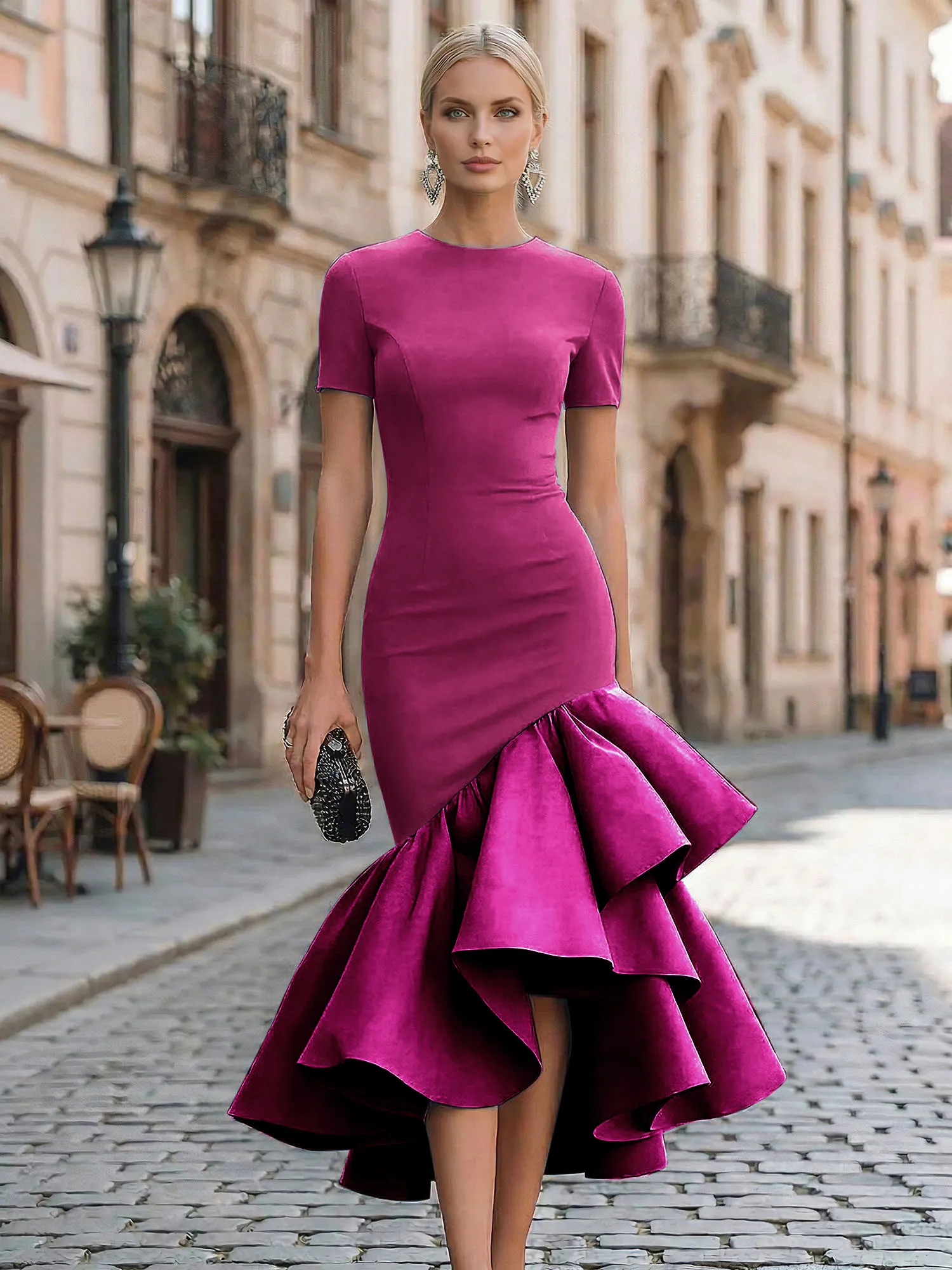 Evening Foraml Gown Avant-Garde Black Short-Sleeve Tiered Ruffle Midi Dress