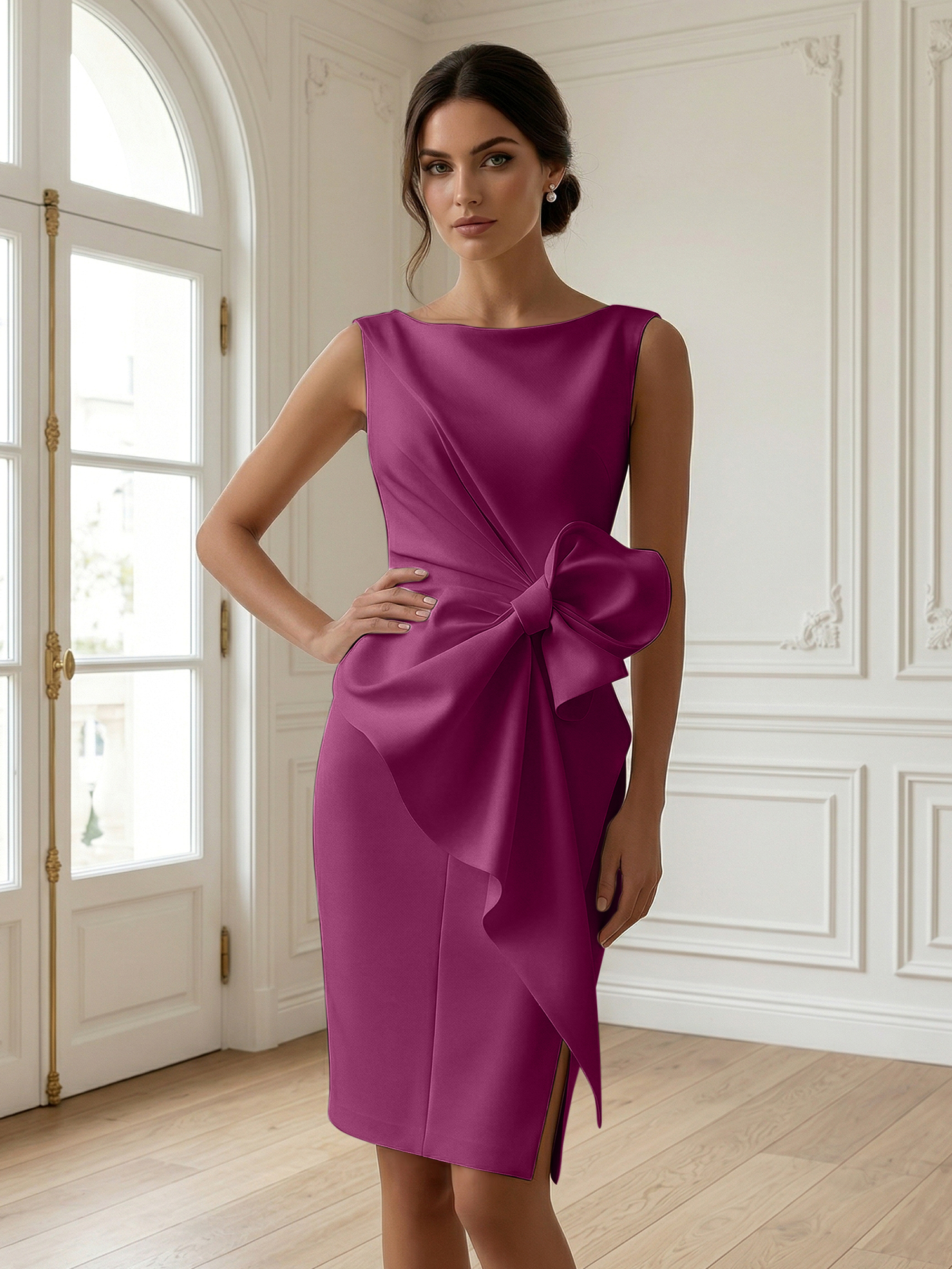 White 3D Bow Sleeveless Sheath Midi Dress Evening Gown