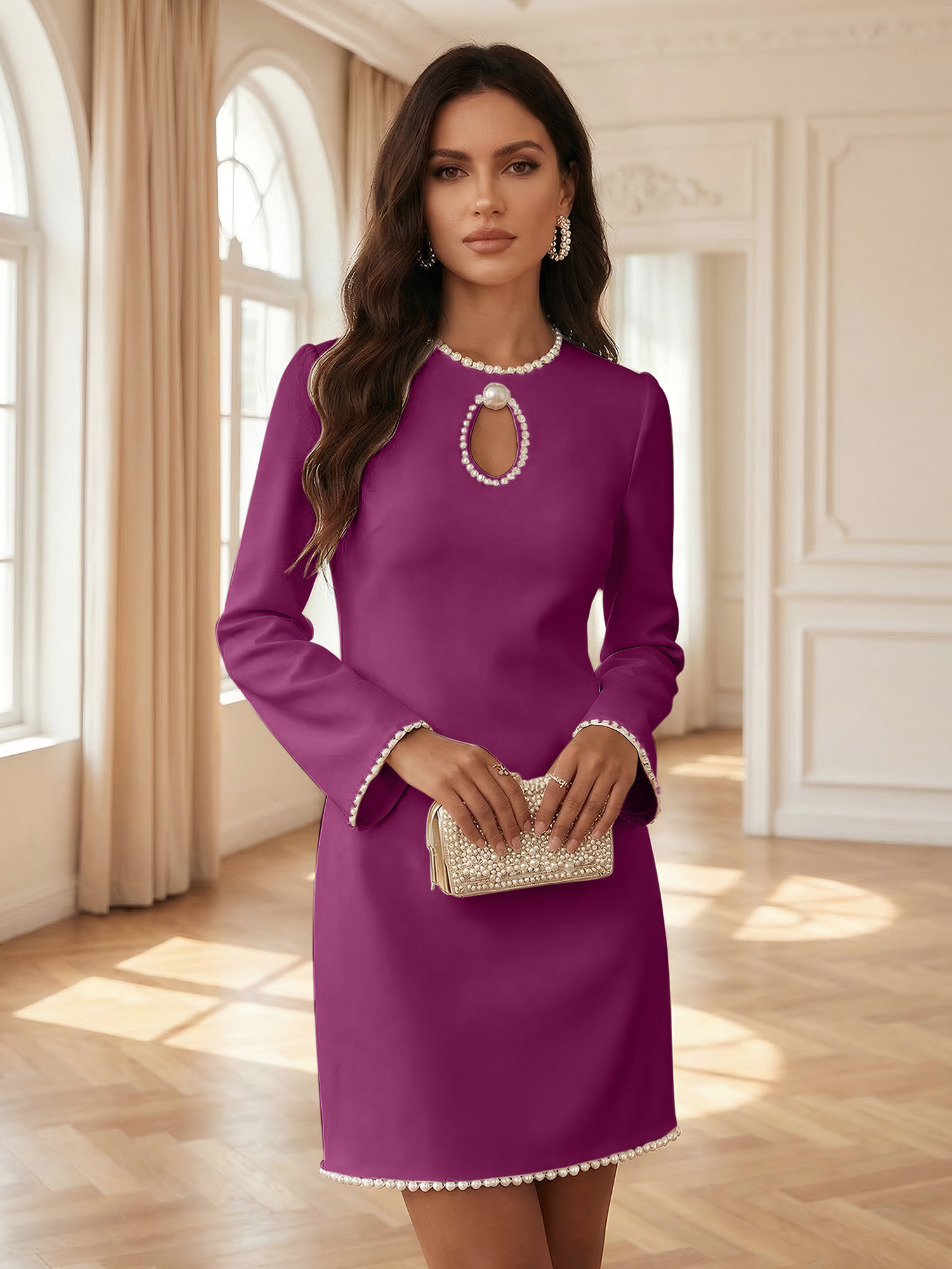 White Pearl Hollow Out Classic Crew Neck Long Sleeve Shift Mini Dress Gown