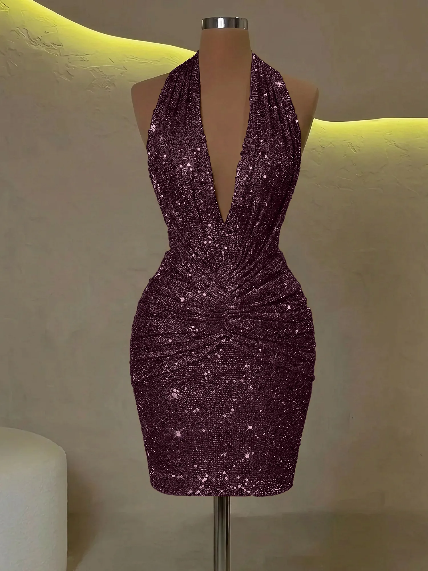 Sequin Halter Deep V-Neck Bodycon Homecoming Dress Mini Dress