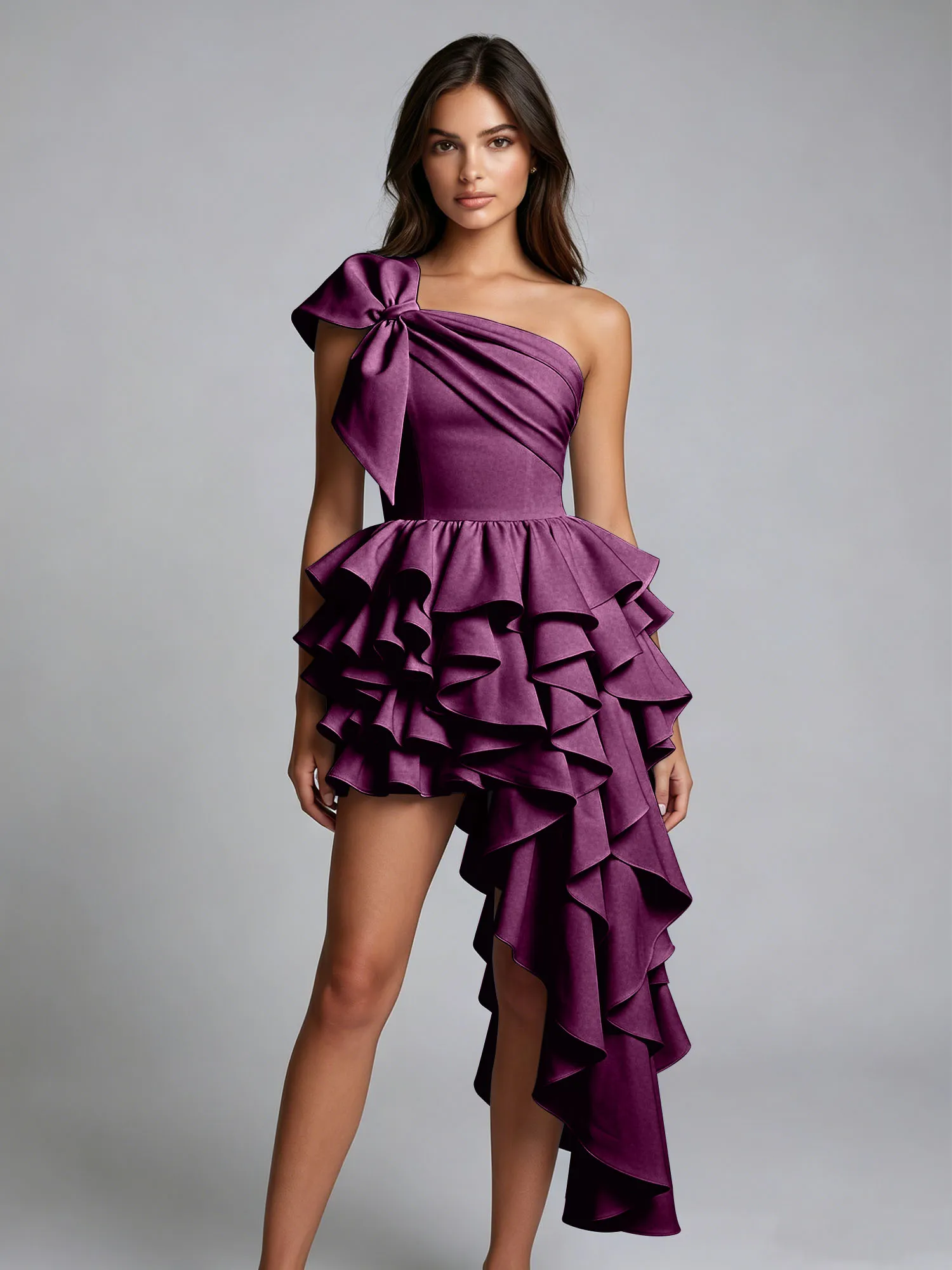 One-Shoulder Bow Tiered Ruffle Asymmetrical Homecoming Dress