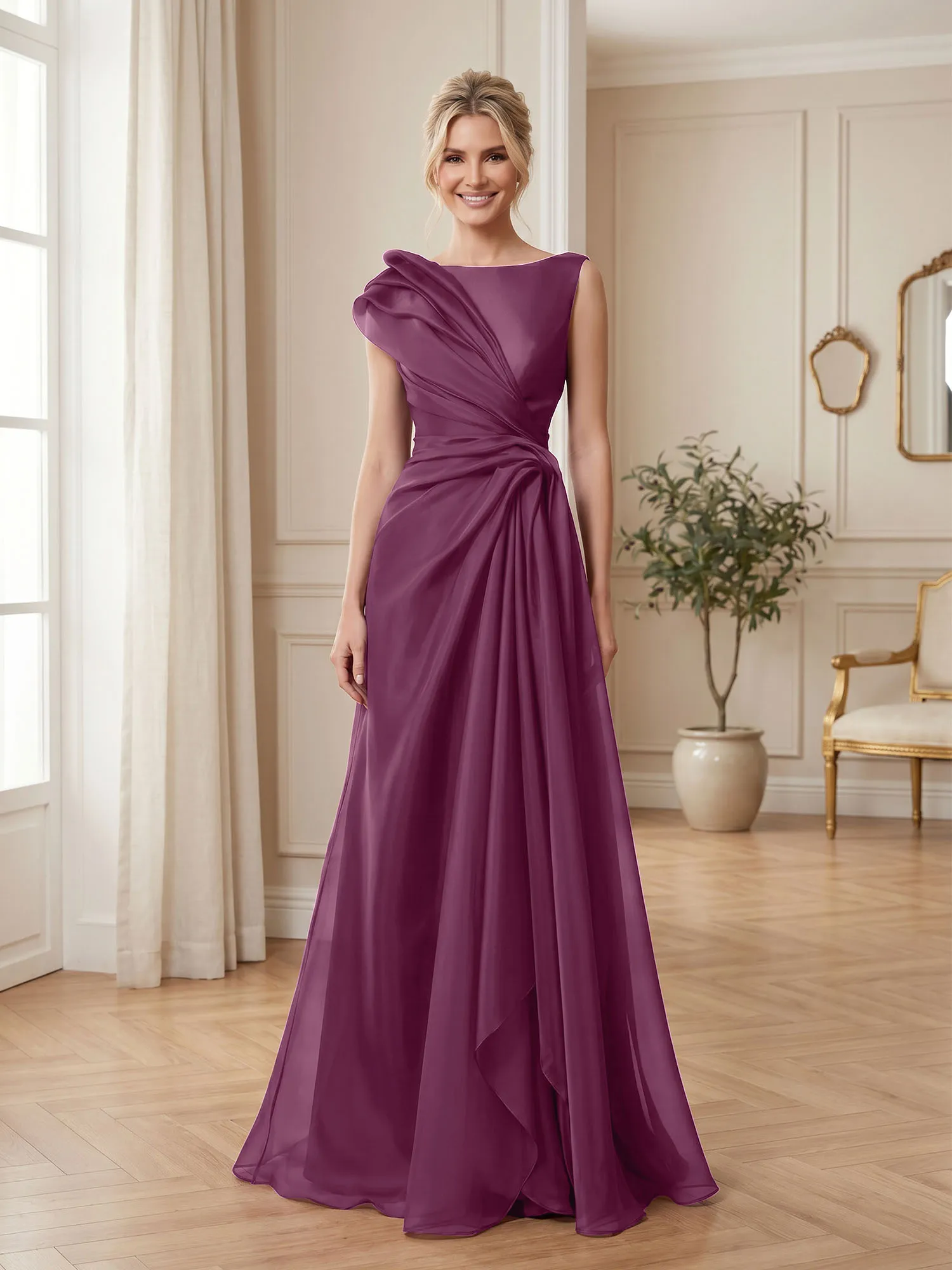 A Line Ruched Draped Tulle Evening Gown