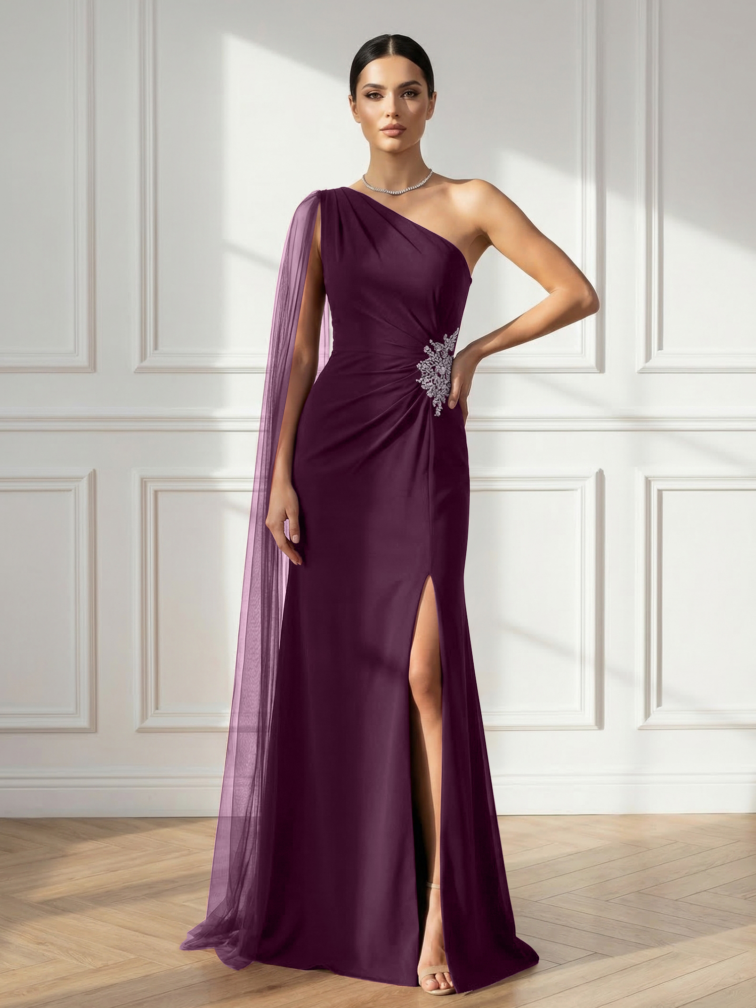 Formal Evening Dress Burgundy One Shoulder Slit Maxi Dress Gown
