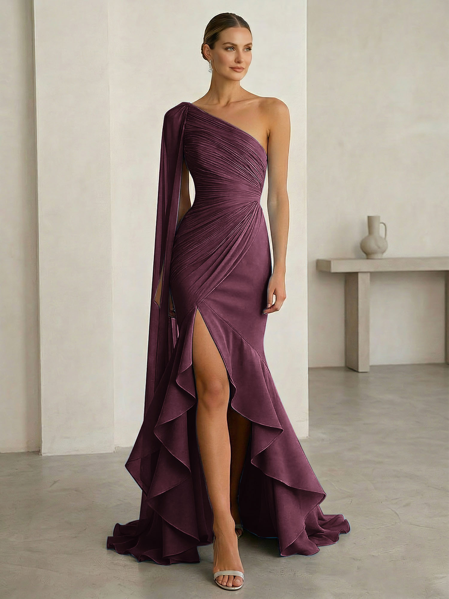 One-Shoulder Cape Sleeve Draped Mermaid Gown with Ruffle Hem