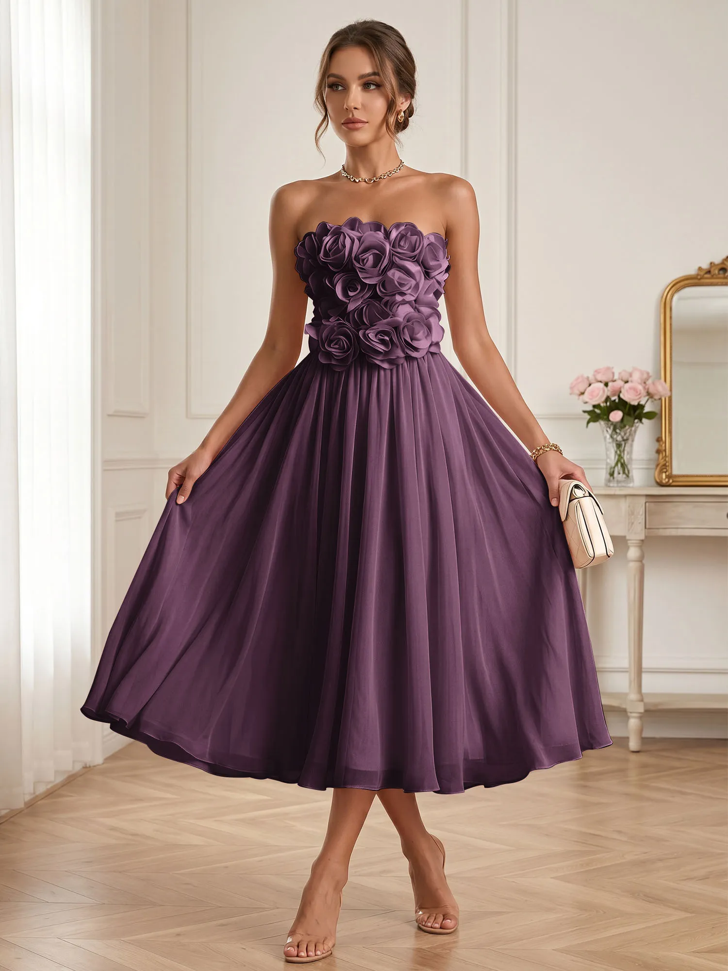 Strapless 3D Floral Chiffon A-Line Midi Formal Dress