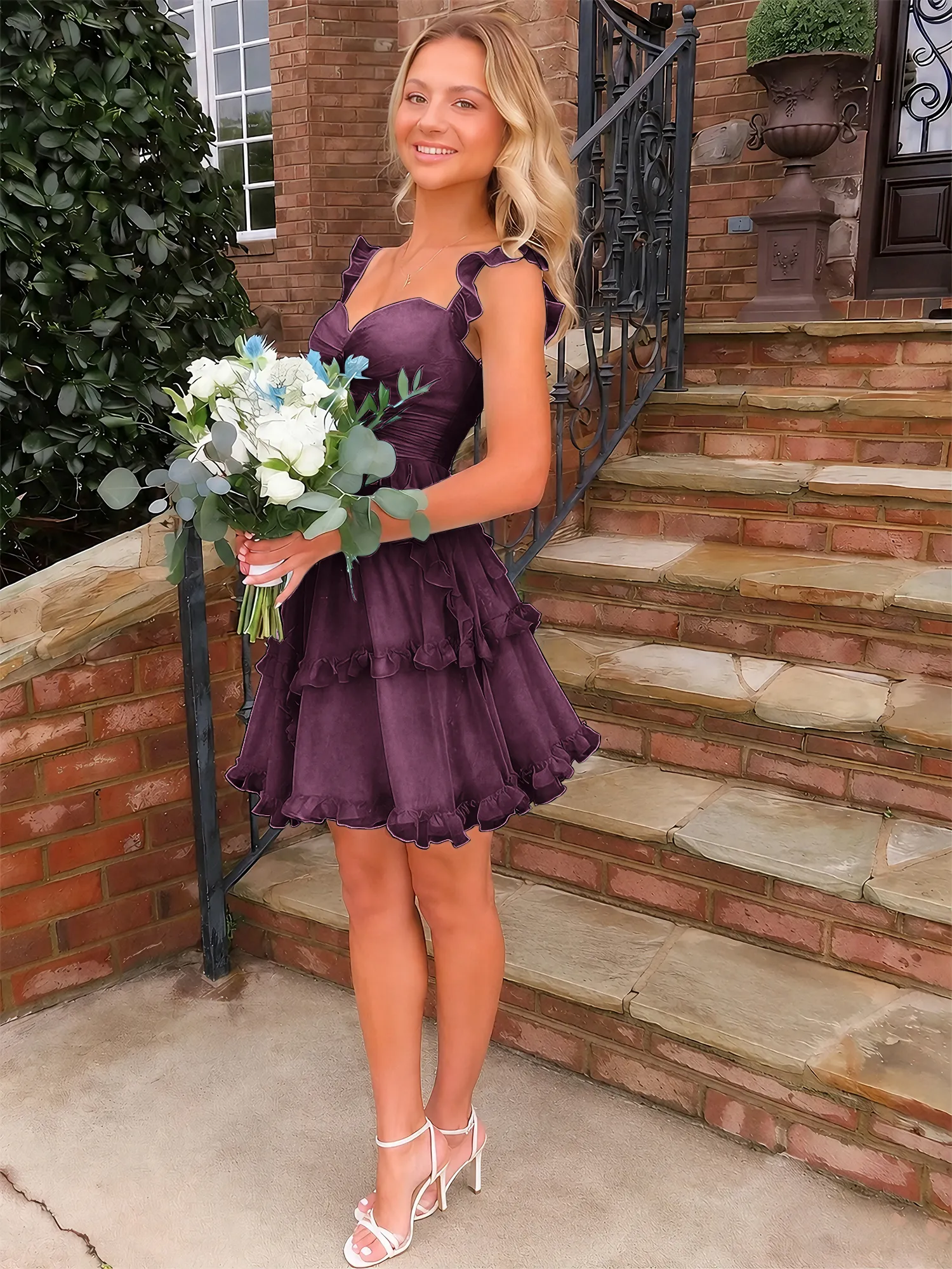 A Line Ruffled Tiered Chiffon Homecoming Dress with Lace-Up Back