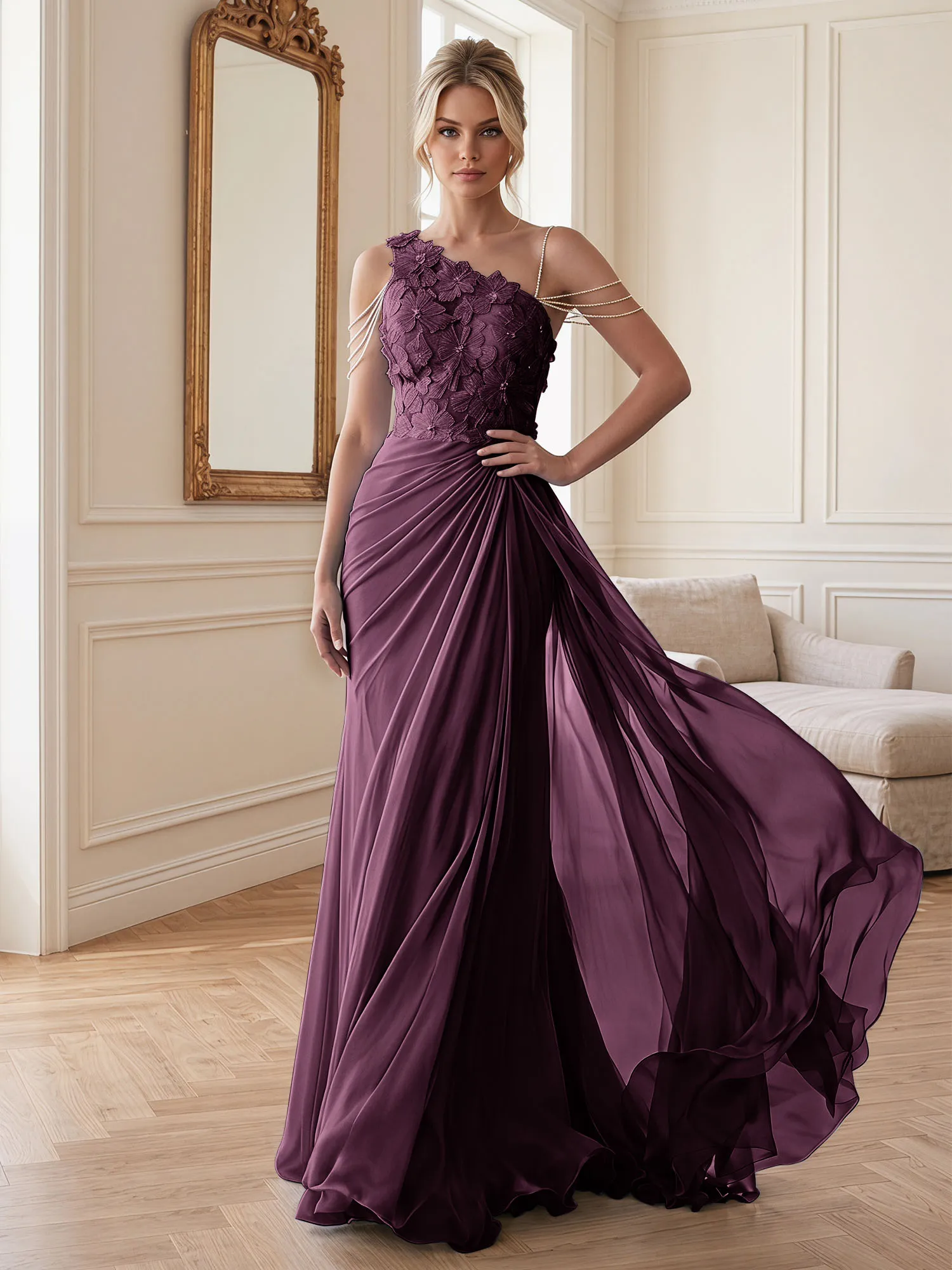 One-Shoulder Floral Lace Chiffon Evening Gown