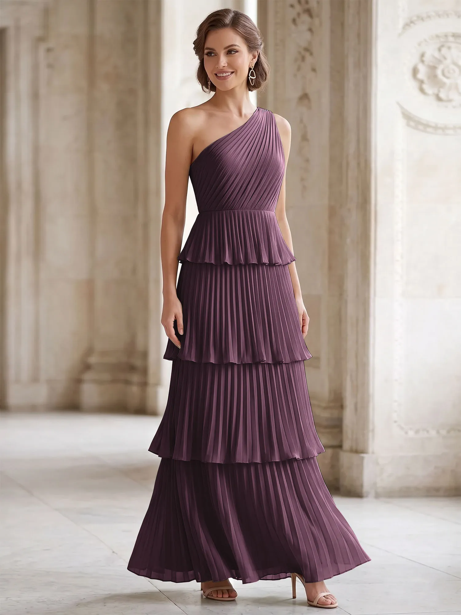 One-Shoulder Tiered Pleated Chiffon Evening Gown