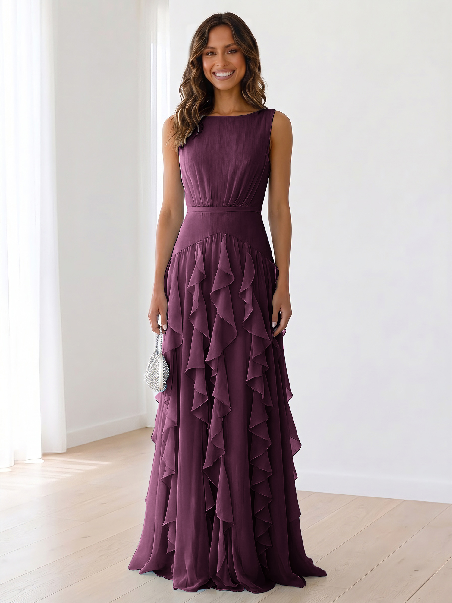 Ethereal Powder Blue Cascading Ruffle Maxi Formal Evening Dress