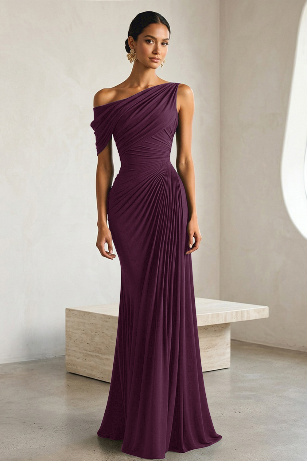 Timeless Black Architectural One-Shoulder Sheath Evening Gown