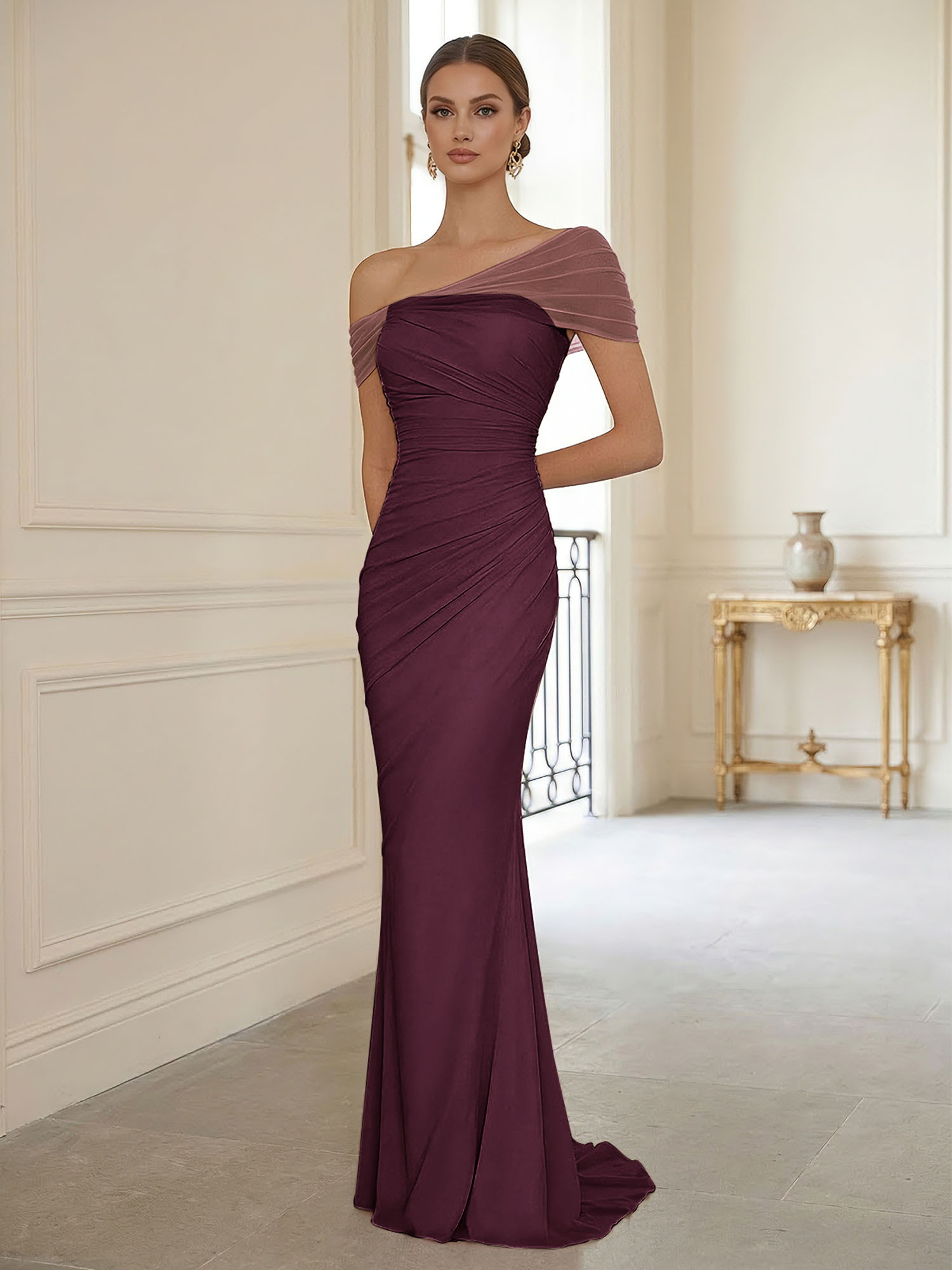 Sophisticated Blush Pink Asymmetrical Ruched Maxi Dress Evening Gown