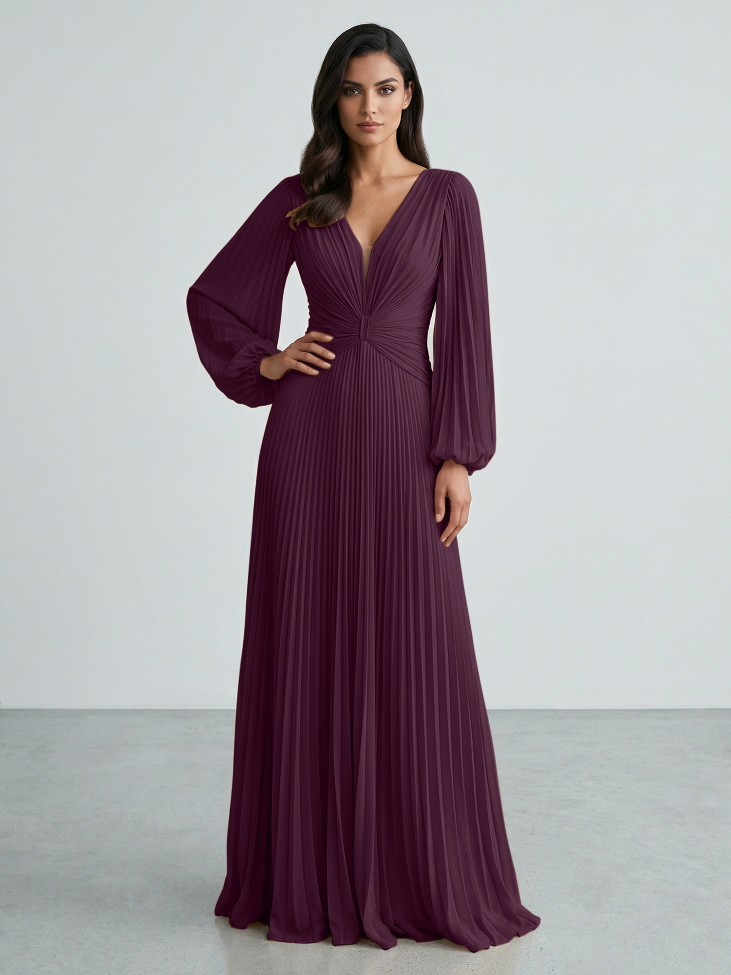 Slate Blue Plunging V-Neck Pleated Long Sleeve Maxi Dress Gown