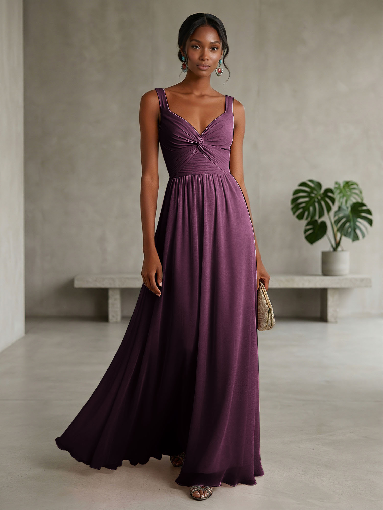 Elegant Soft Blush Twist-Front Chiffon Maxi Gown