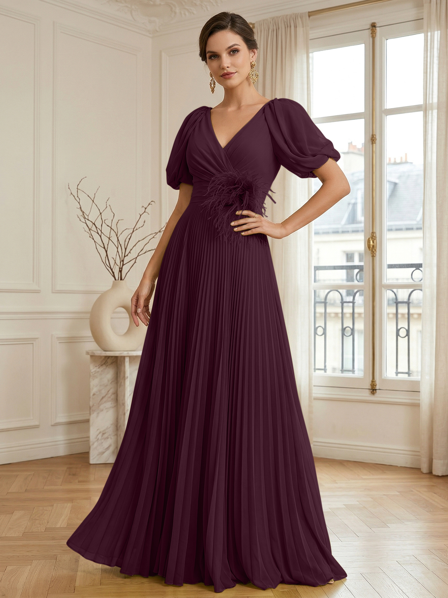 A-Line Chiffon Evening Gown with Feather V-Neck Short Sleeves Formal Dress