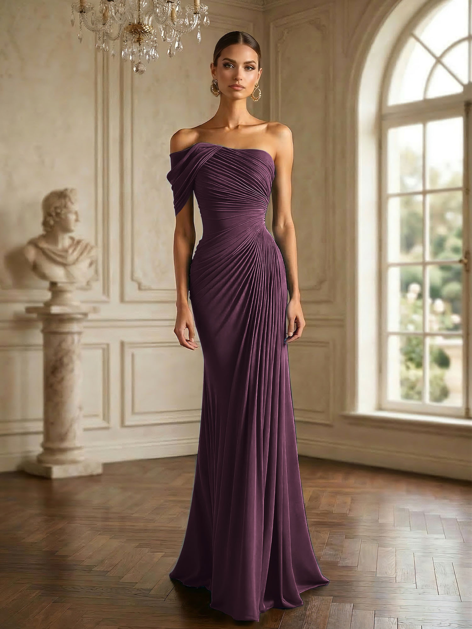 One Shoulder Pleat Mermaid Chiffon Evening Dresses for Women Gown