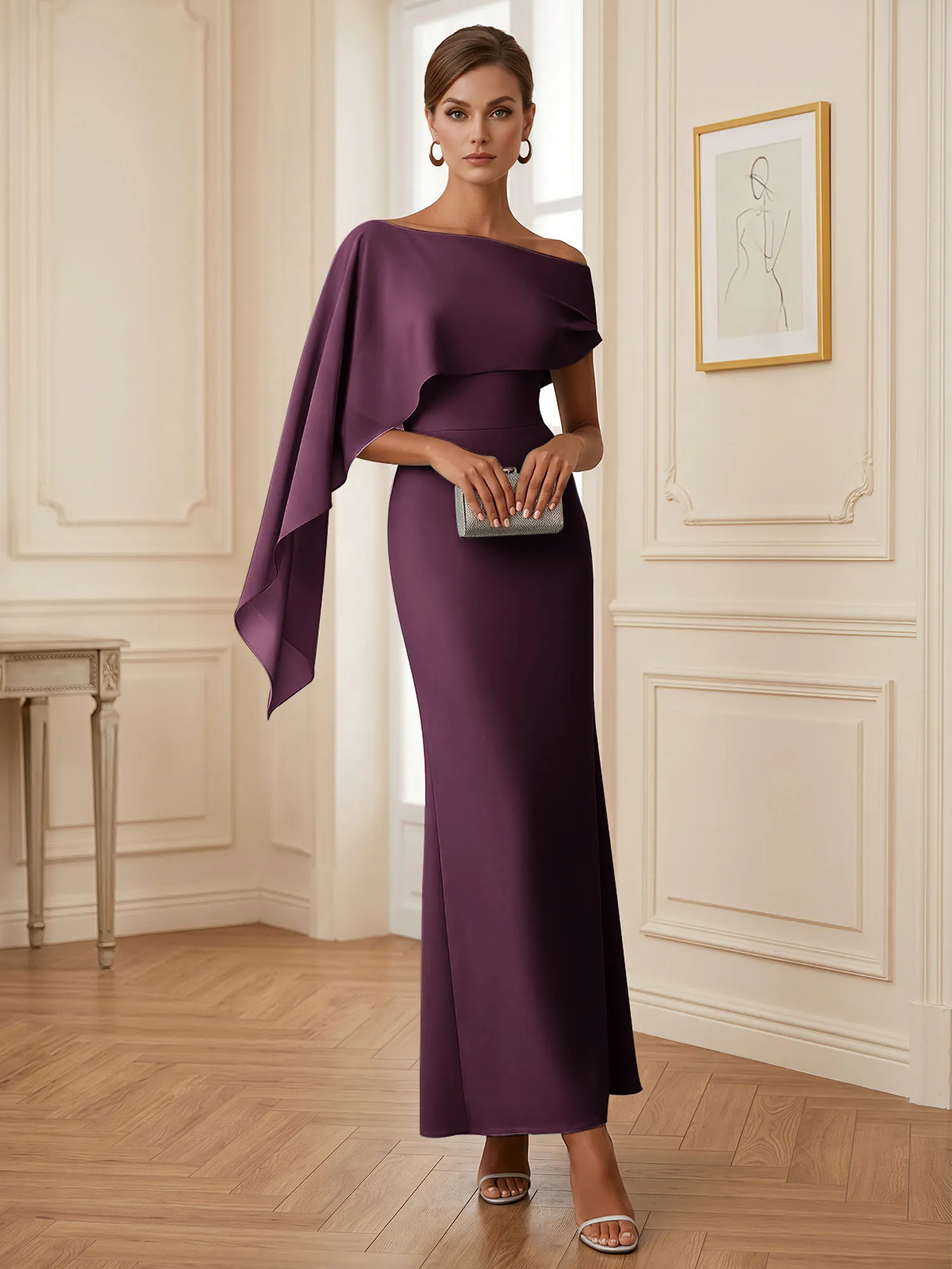 One-Shoulder Chiffon Overlay Mermaid Evening Gown