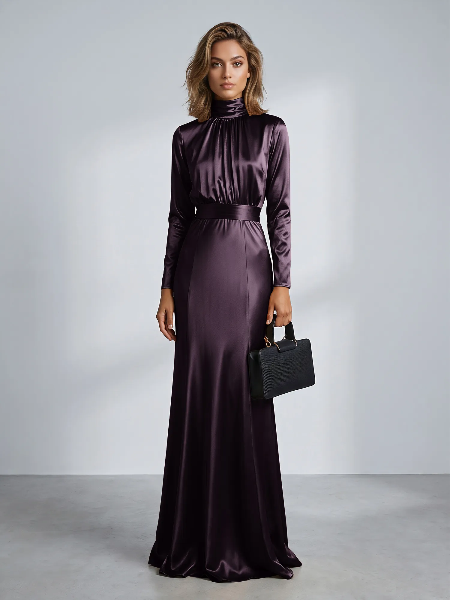 High Neck Long Sleeve Satin Mermaid Evening Gown with Waist Sash