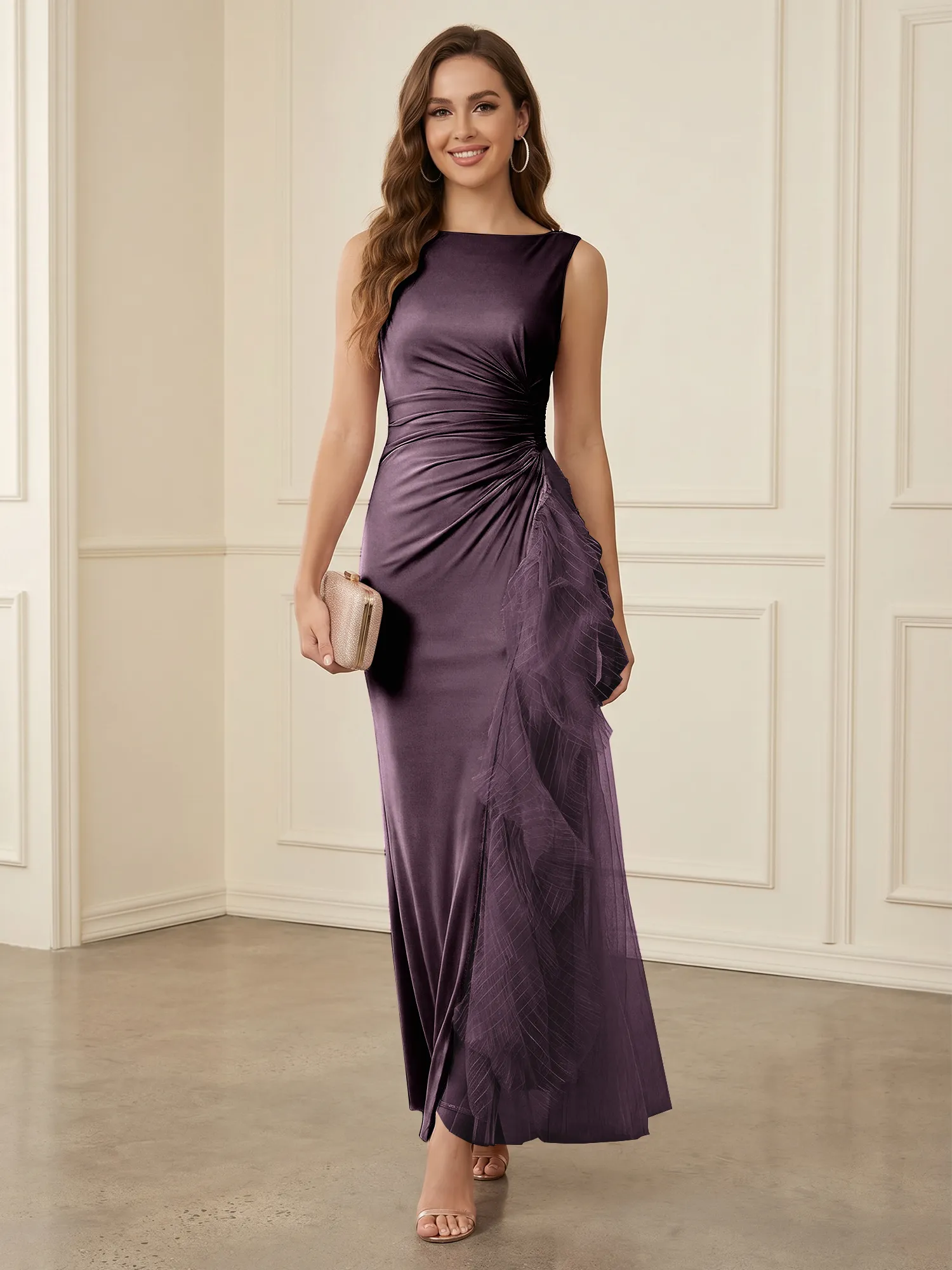 Sleeveless Ruched Sheath Evening Gown with Tulle Ruffle Detail