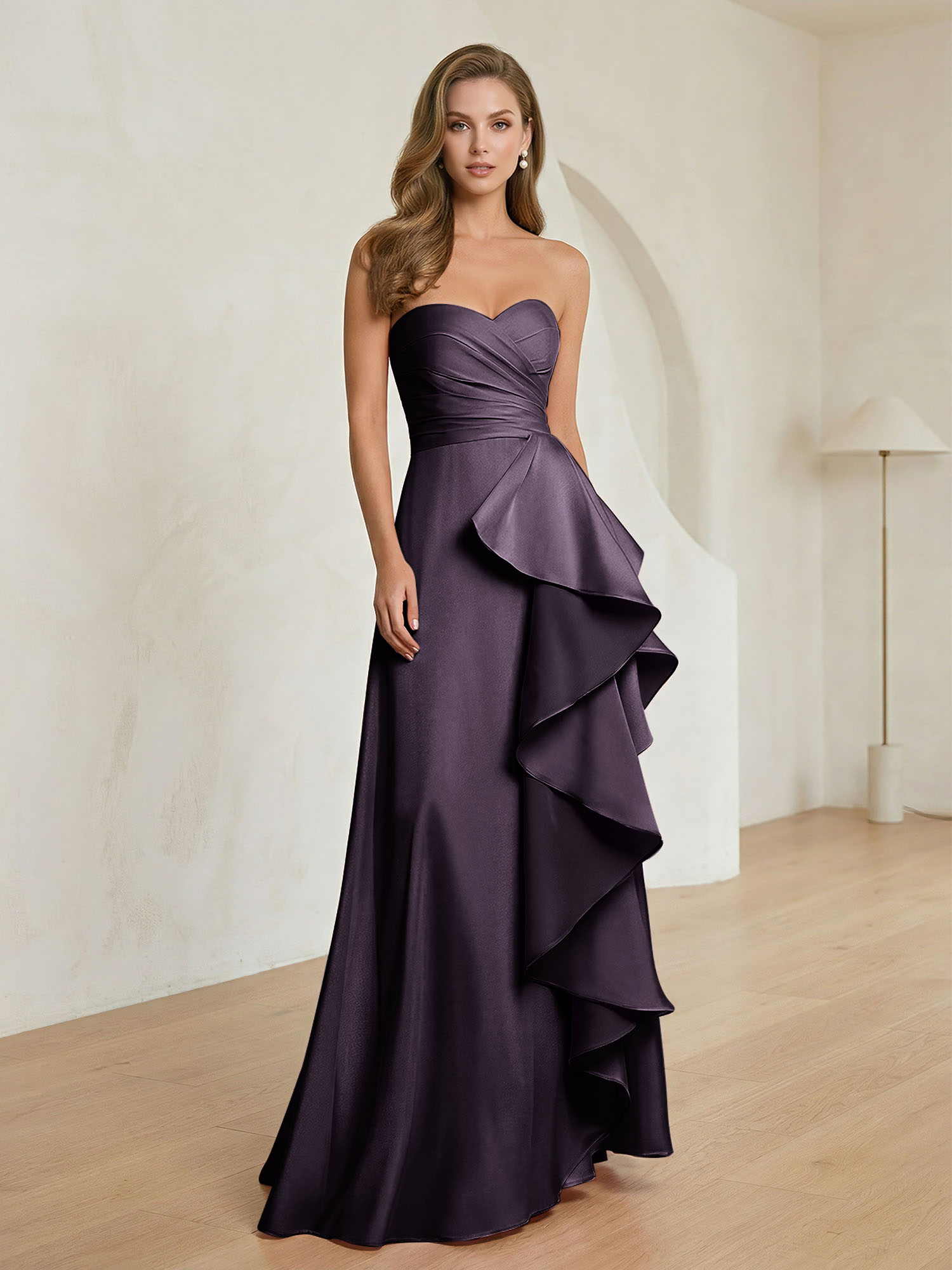 Formal Evening Dress Blush Strapless Ruffle Maxi Dress Gown