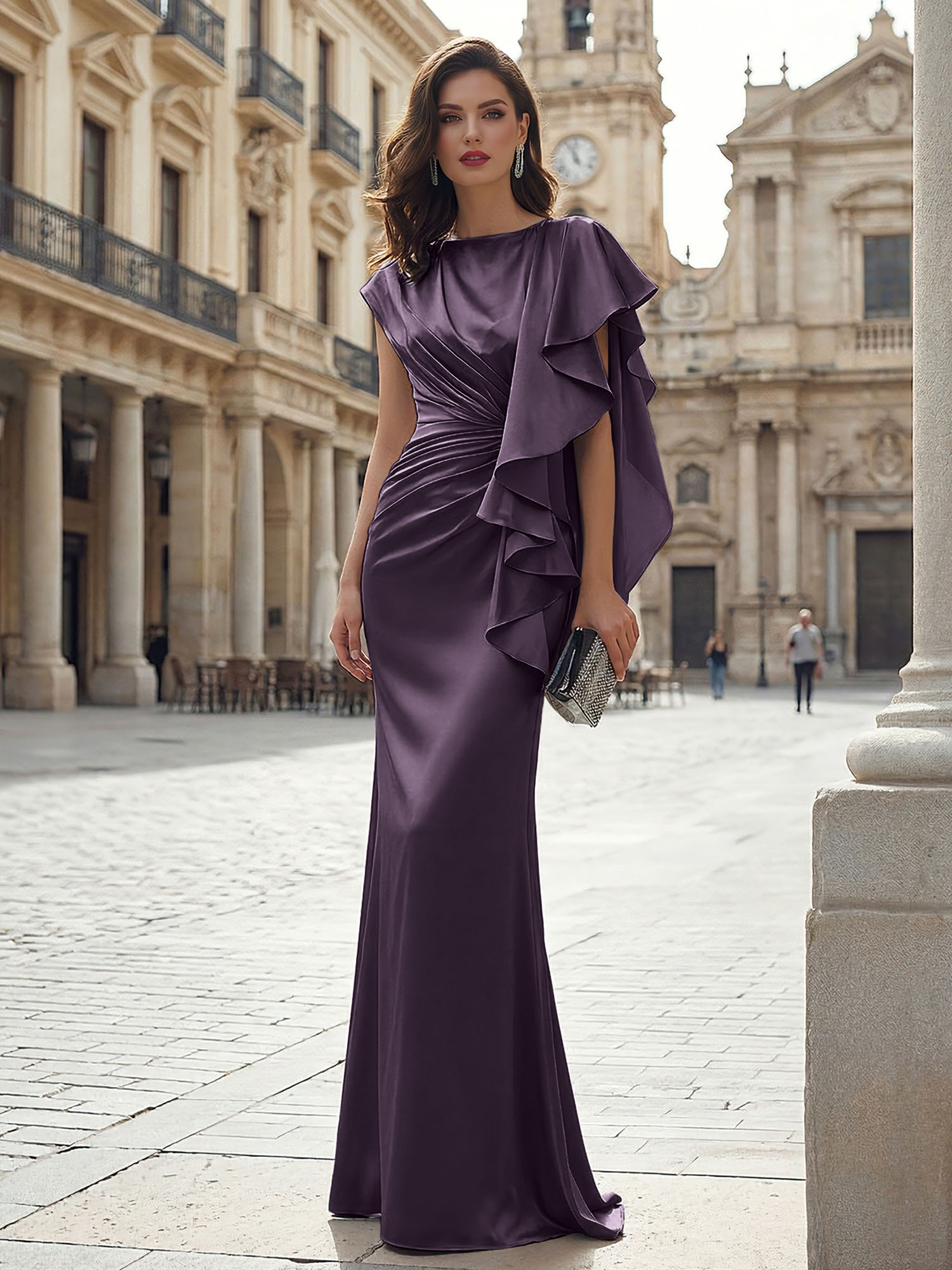 Elegant Formal Evening Dress Moonlight Silver Asymmetrical Ruffle Satin Gown