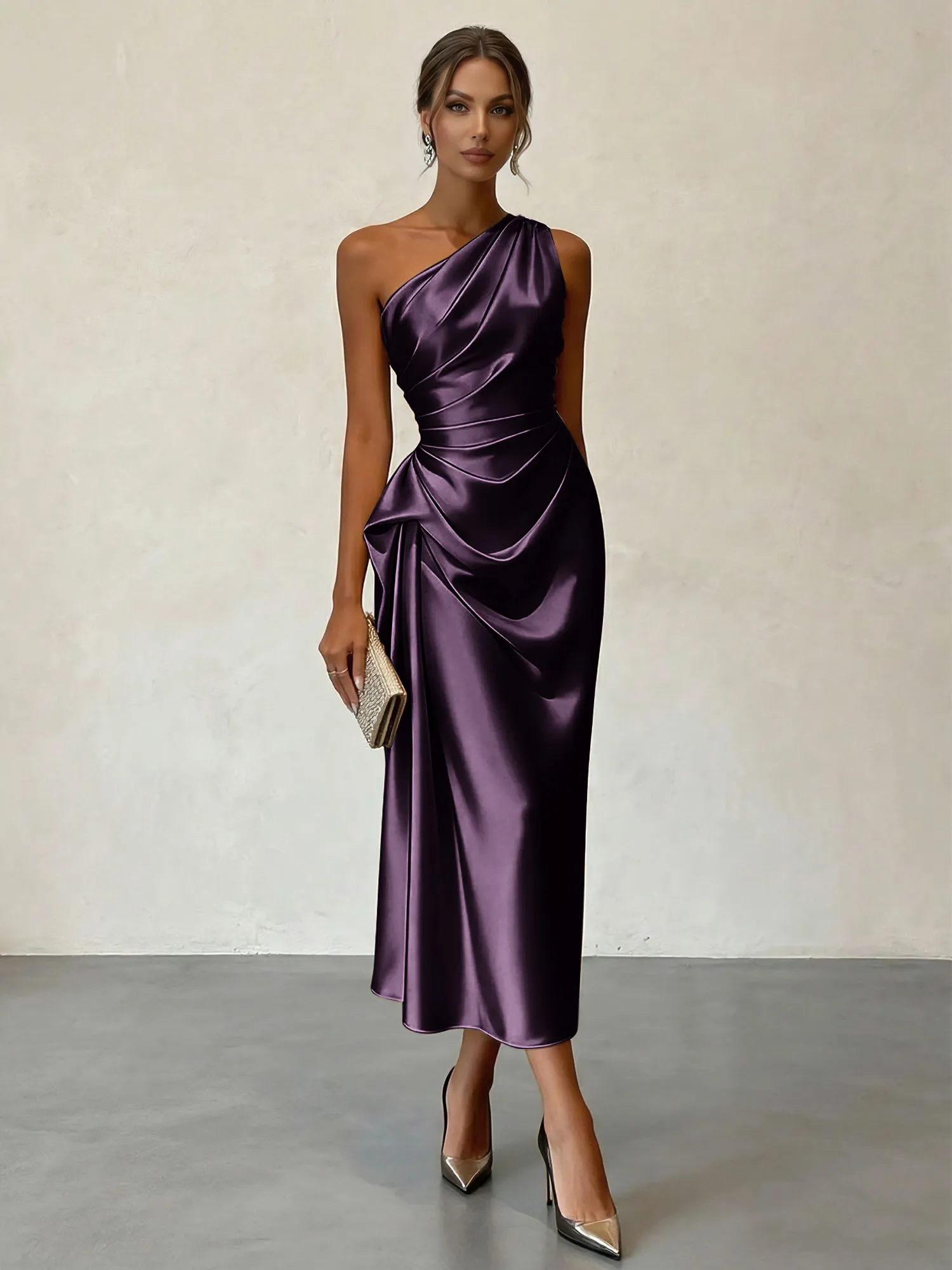 One-Shoulder Ruched Satin Midi Evening Dress with Draped Detail