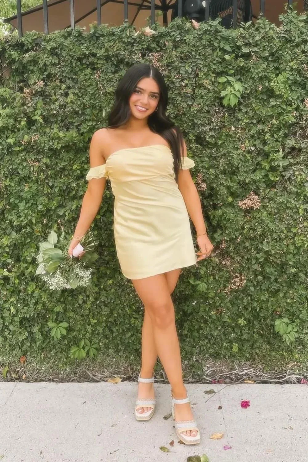 Dreamy Blush Satin Off-the-Shoulder Sheath Homecoming Dress