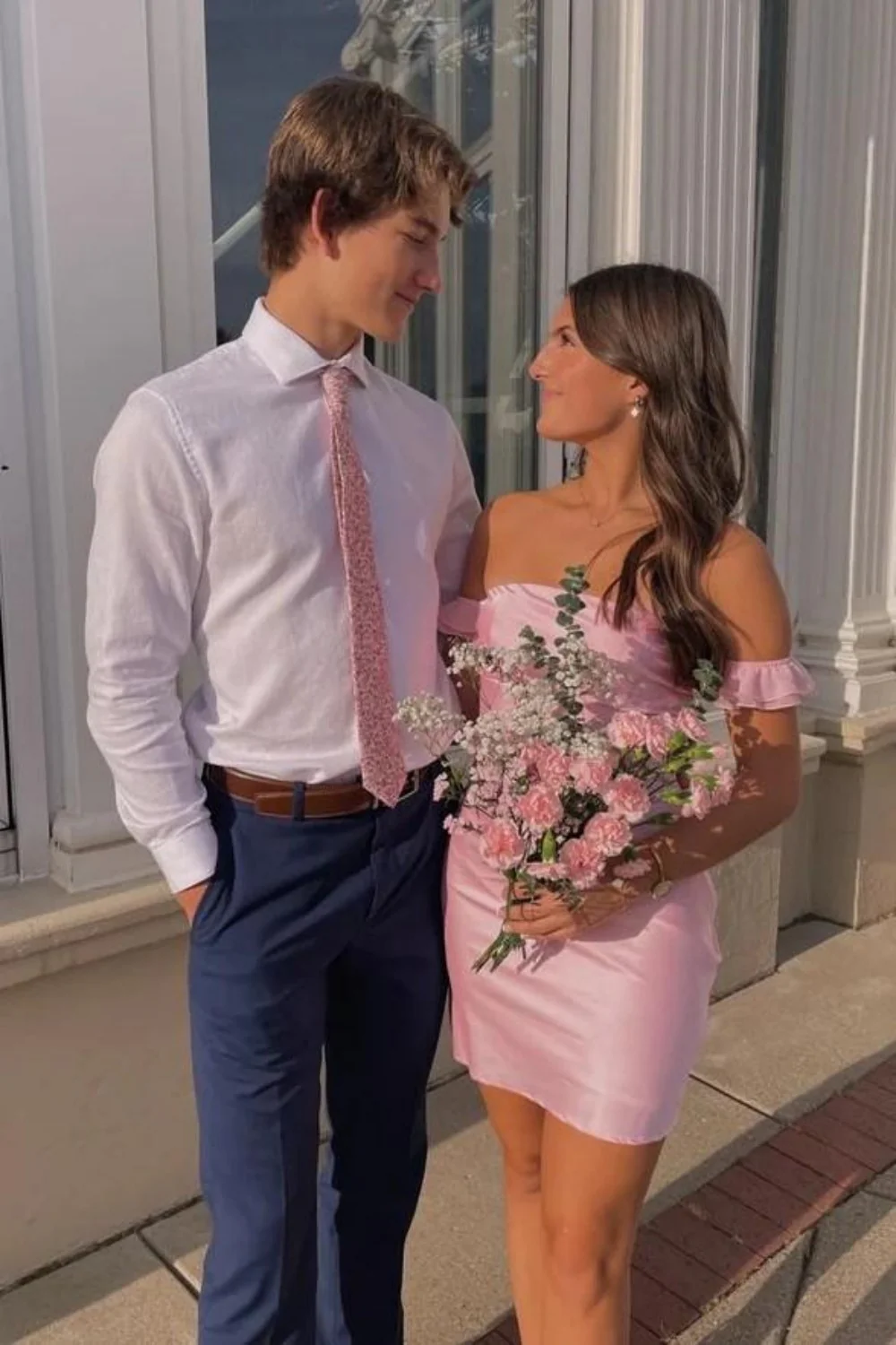 Dreamy Blush Satin Off-the-Shoulder Sheath Homecoming Dress