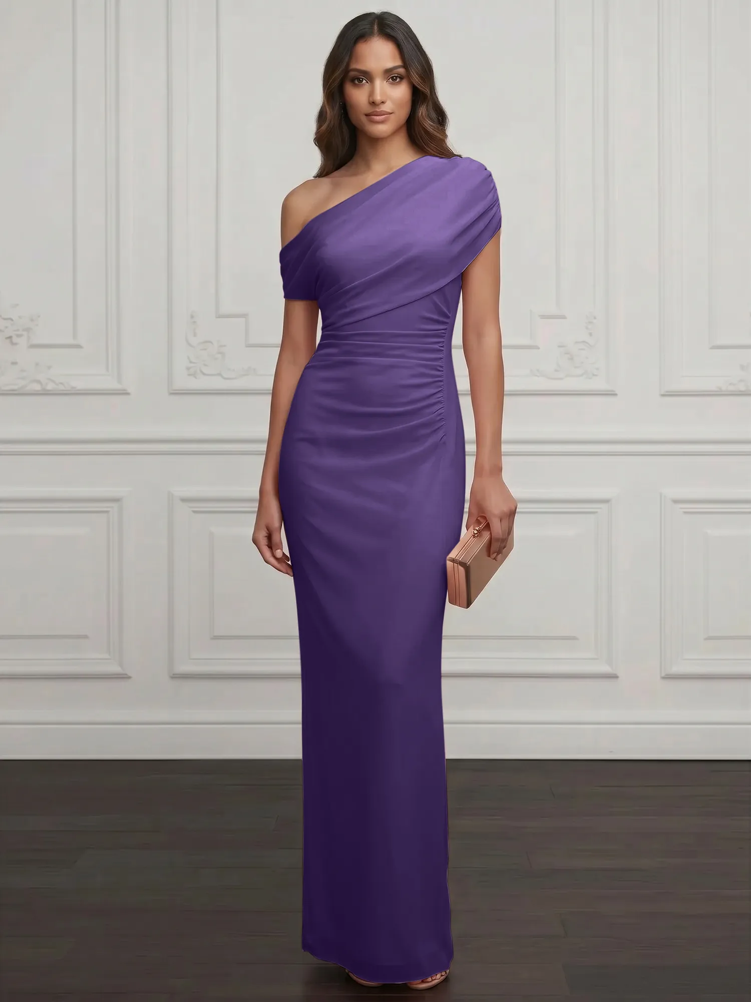 One-Shoulder Draped Chiffon Evening Gown