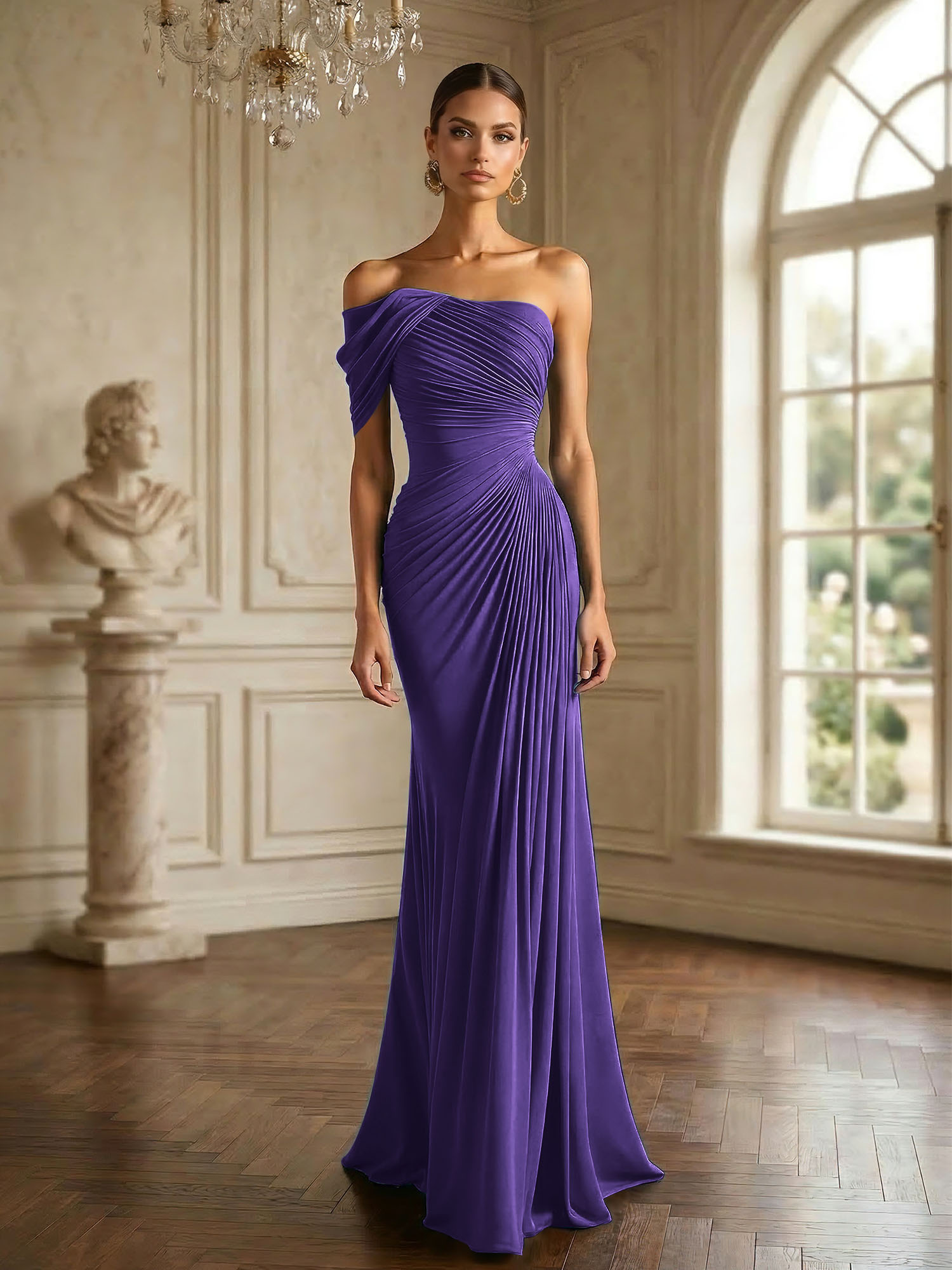One Shoulder Pleat Mermaid Chiffon Evening Dresses for Women Gown