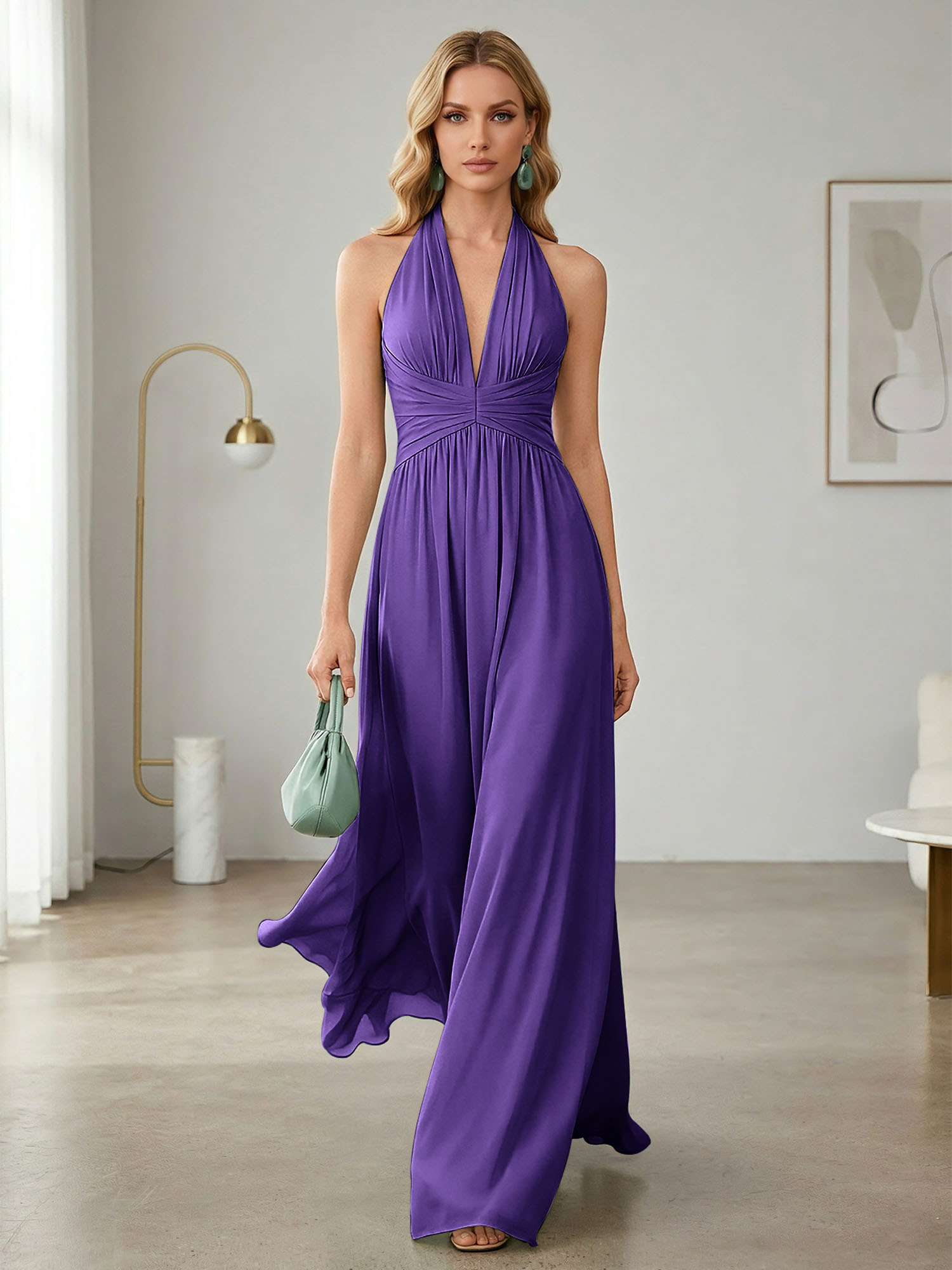 Elegant Sage Green Halter Chiffon Maxi Gown
