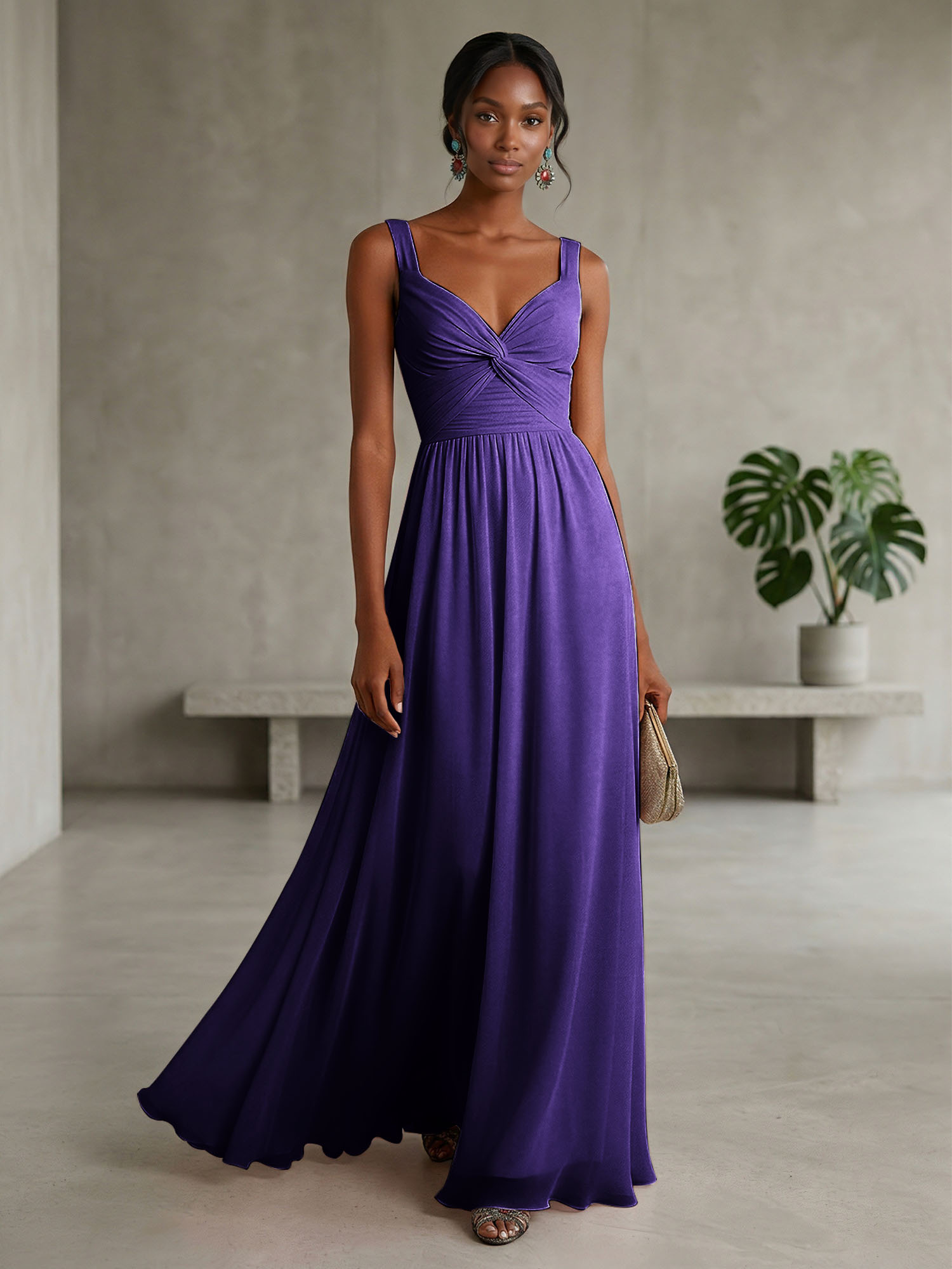 Elegant Soft Blush Twist-Front Chiffon Maxi Gown