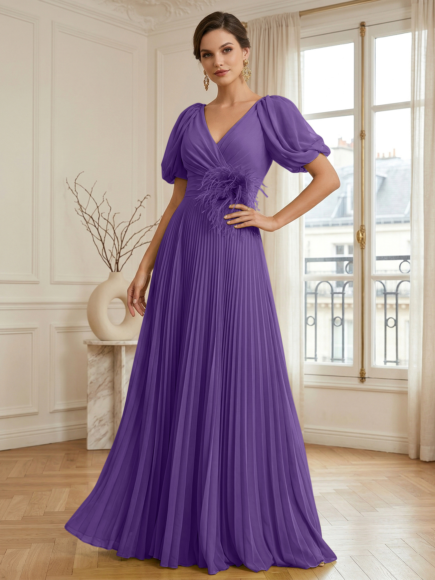 A-Line Chiffon Evening Gown with Feather V-Neck Short Sleeves Formal Dress