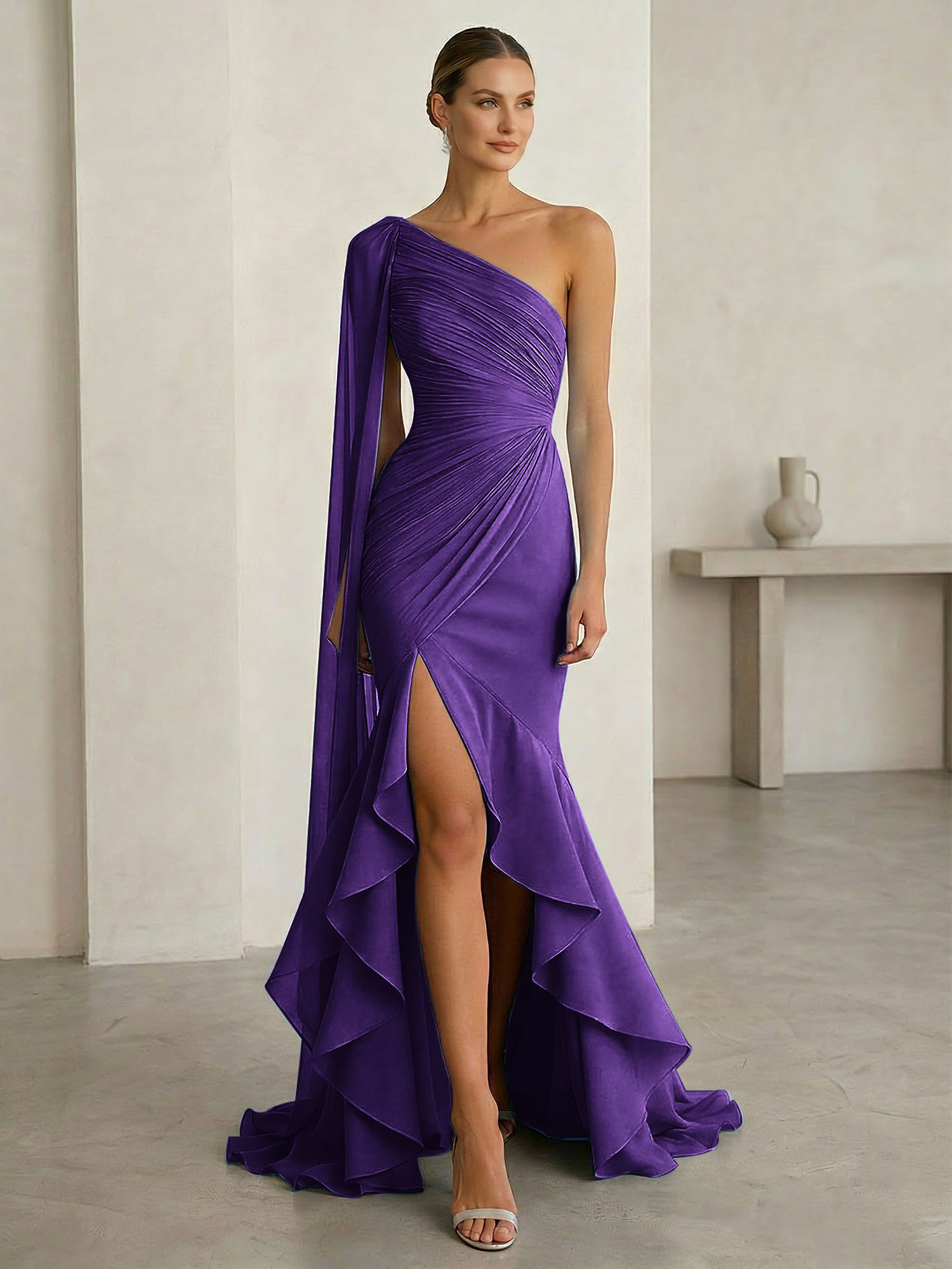 One-Shoulder Cape Sleeve Draped Mermaid Gown with Ruffle Hem