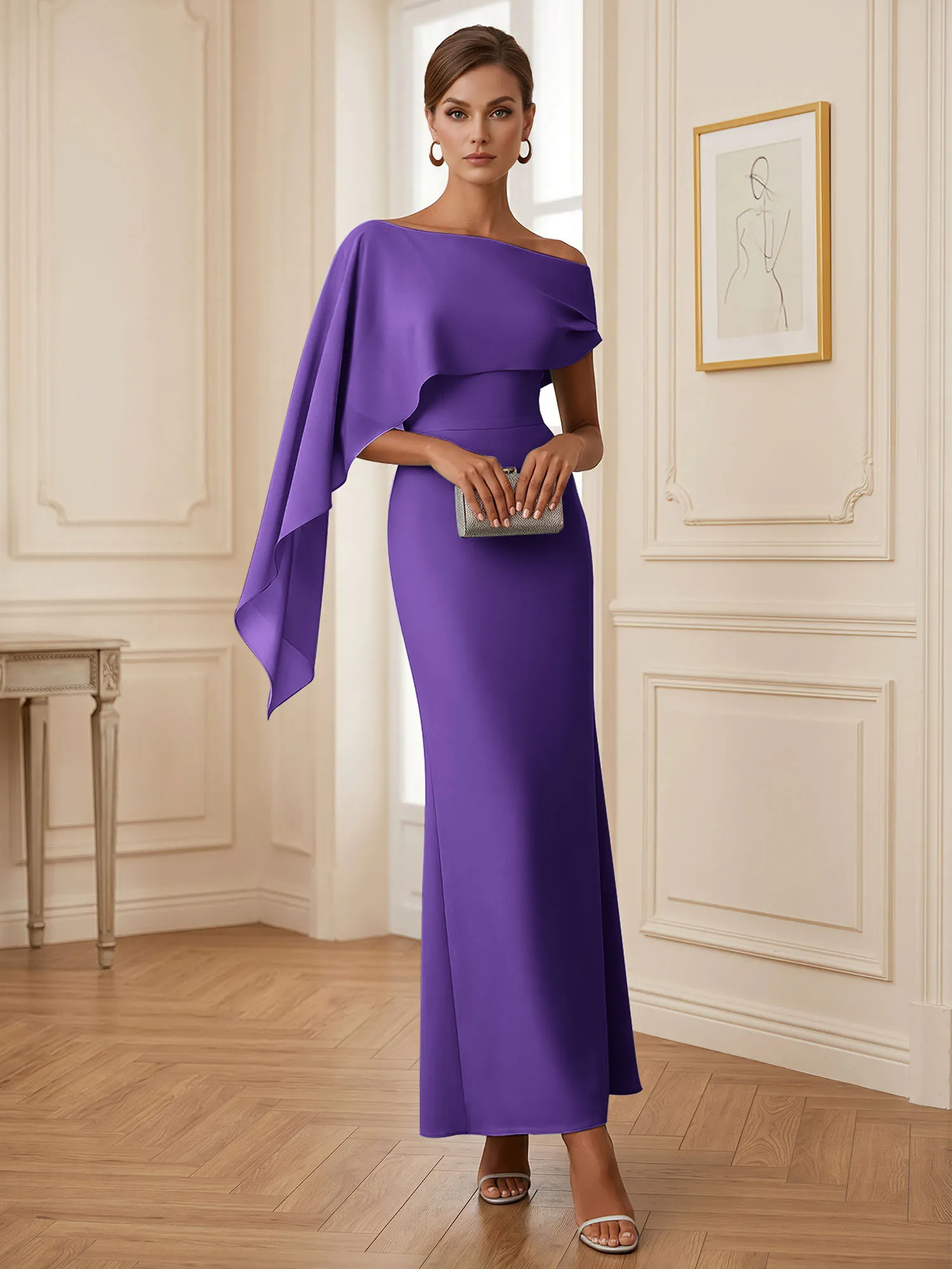 One-Shoulder Chiffon Overlay Mermaid Evening Gown