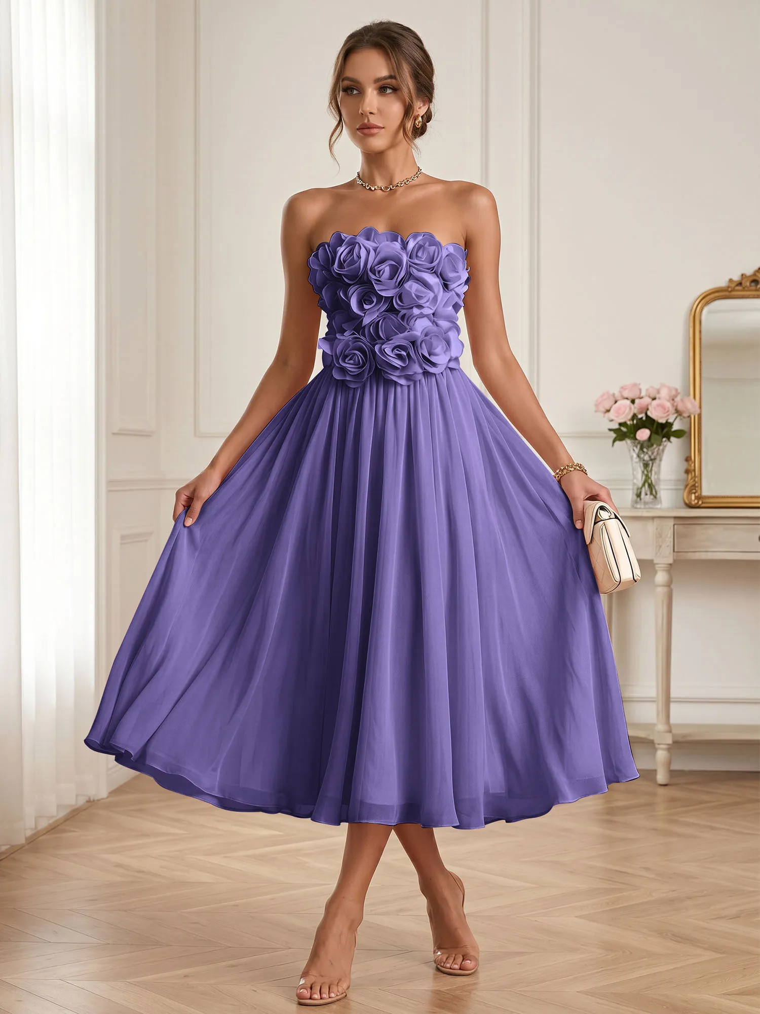 Strapless 3D Floral Chiffon A-Line Midi Formal Dress