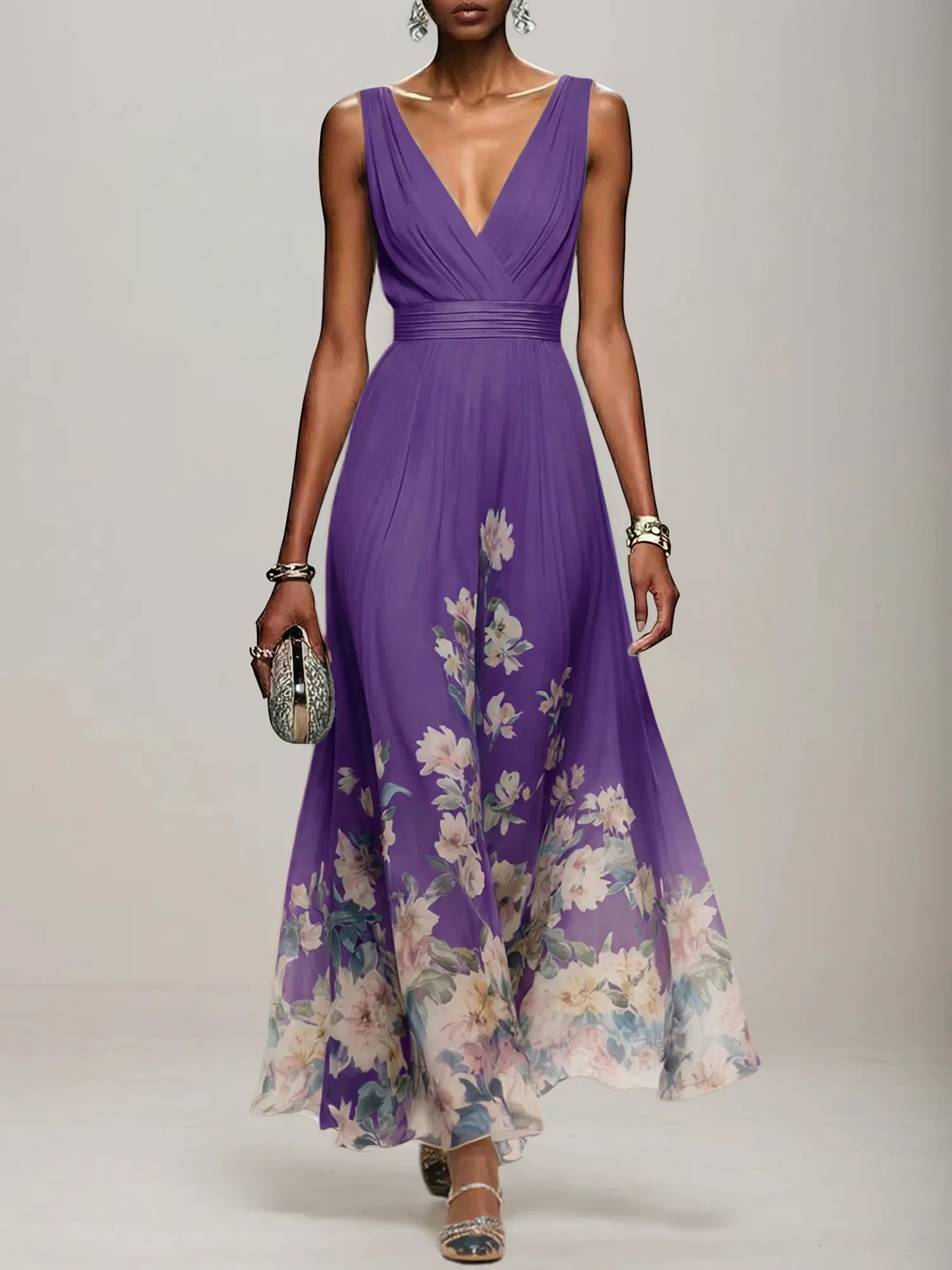 V-Neck Floral Print Chiffon Maxi Evening Dress with Satin Waist Bow