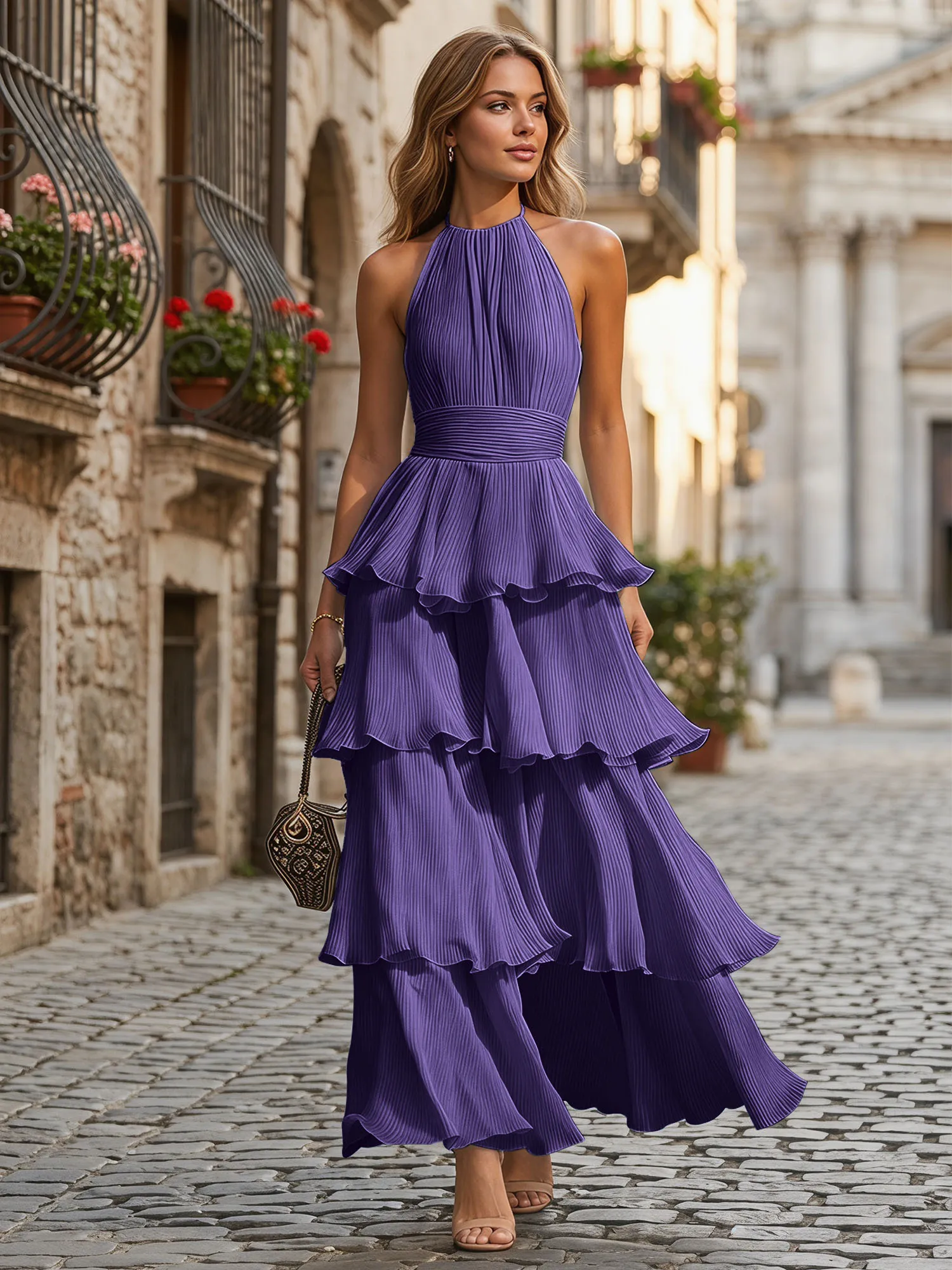 A Line Halter Neck Tiered Ruffle Chiffon Evening Dress